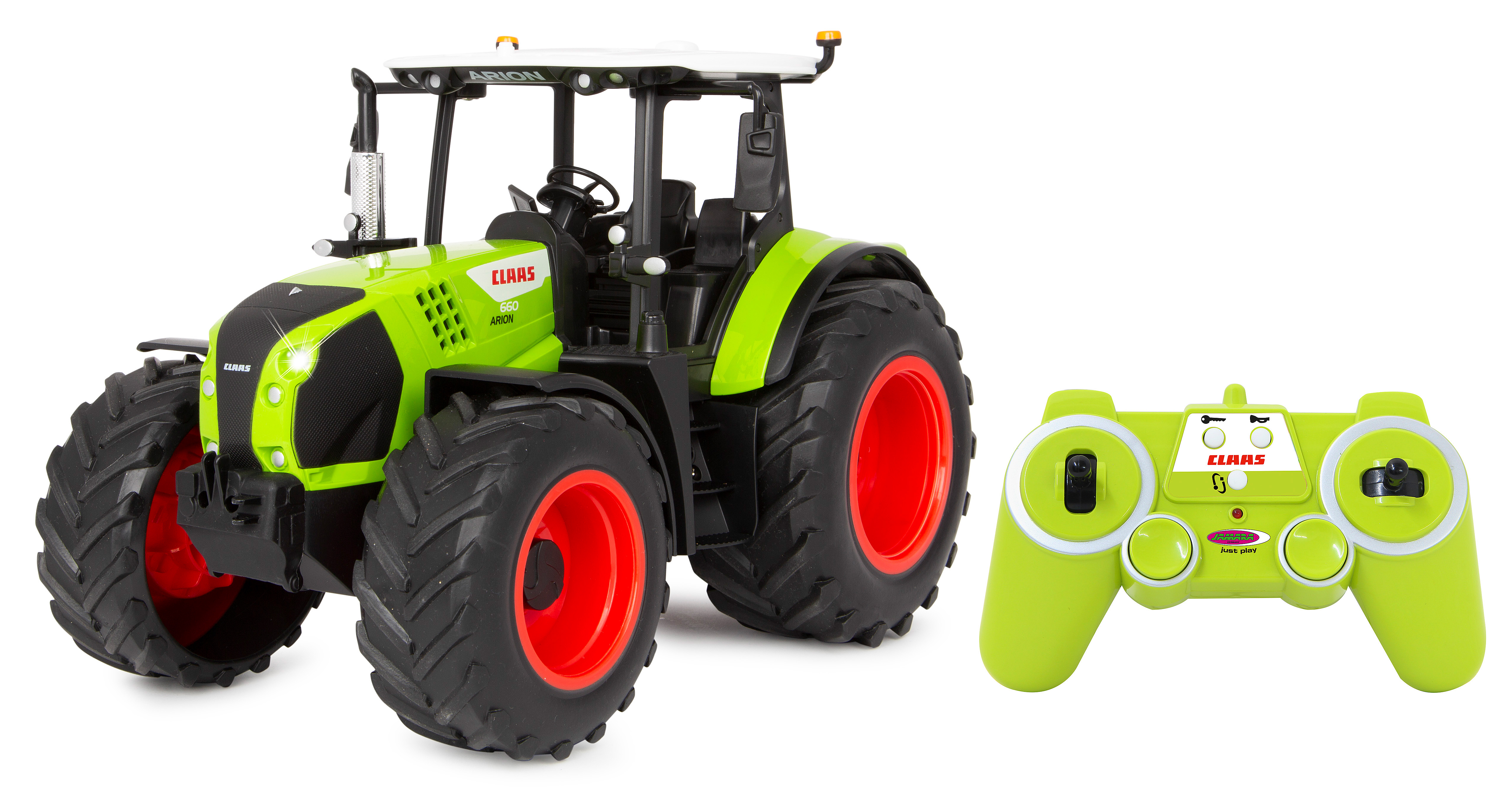 Ein CLAAS Traktorspielzeug mit Fernbedienung auf weißem Hintergrund, mit der Fernbedienung daneben.