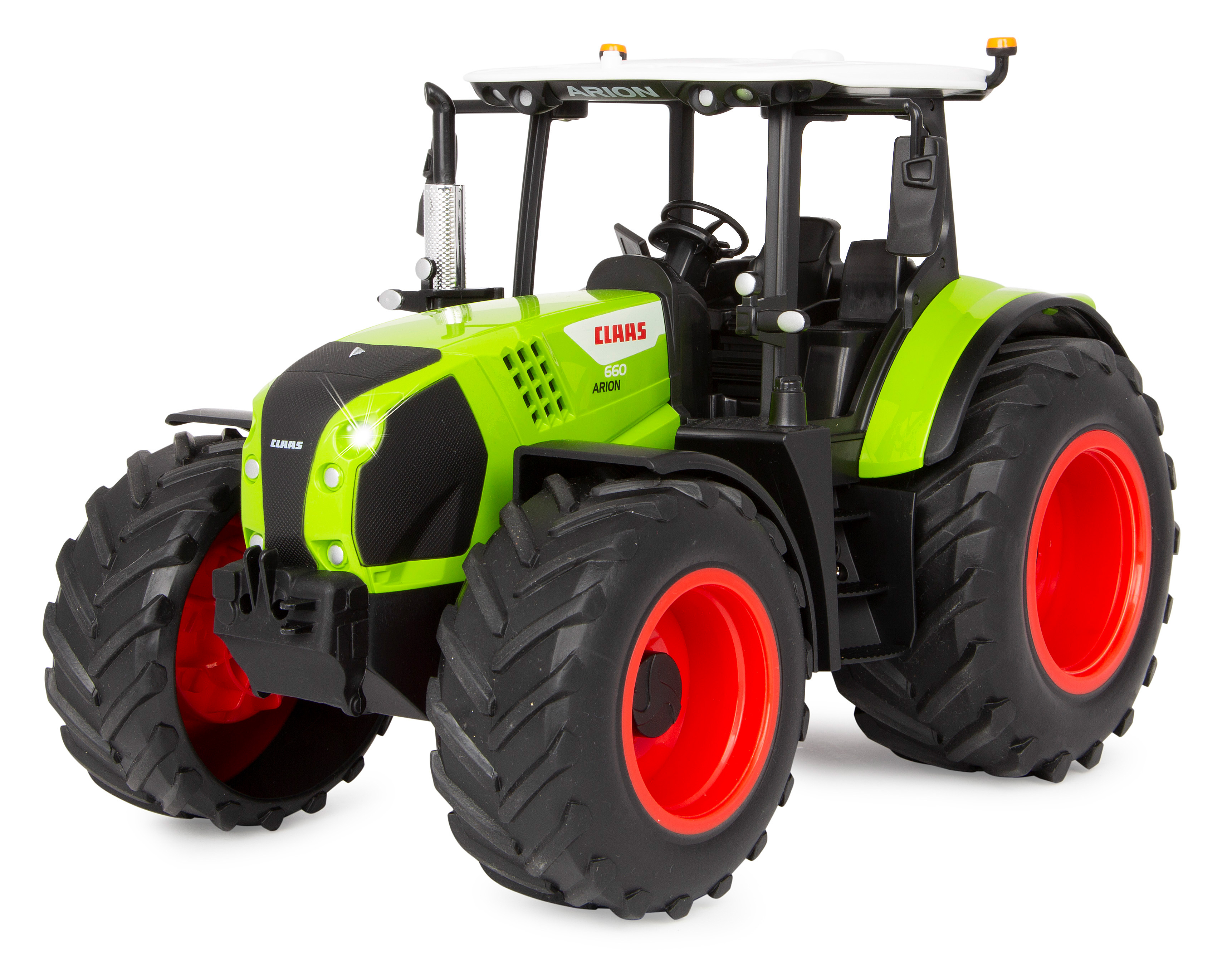 Ein CLAAS Traktorspielzeug, zur Kamera gerichtet, auf weißem Hintergrund, mit sichtbaren Details.