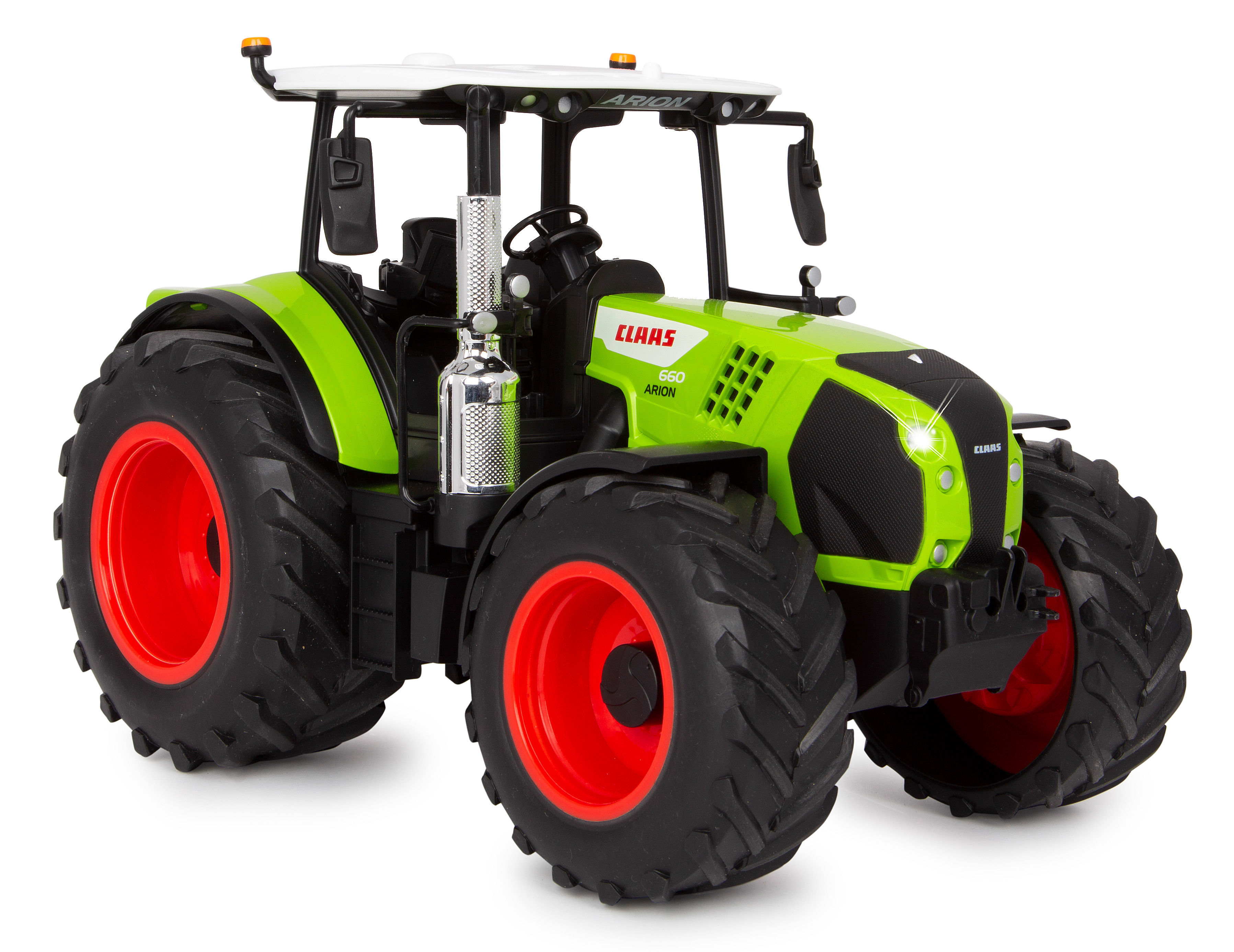 Grüner und schwarzer Claas-Traktor mit roten Rädern und weißem Dach. Details: Auspuff und Lichter.