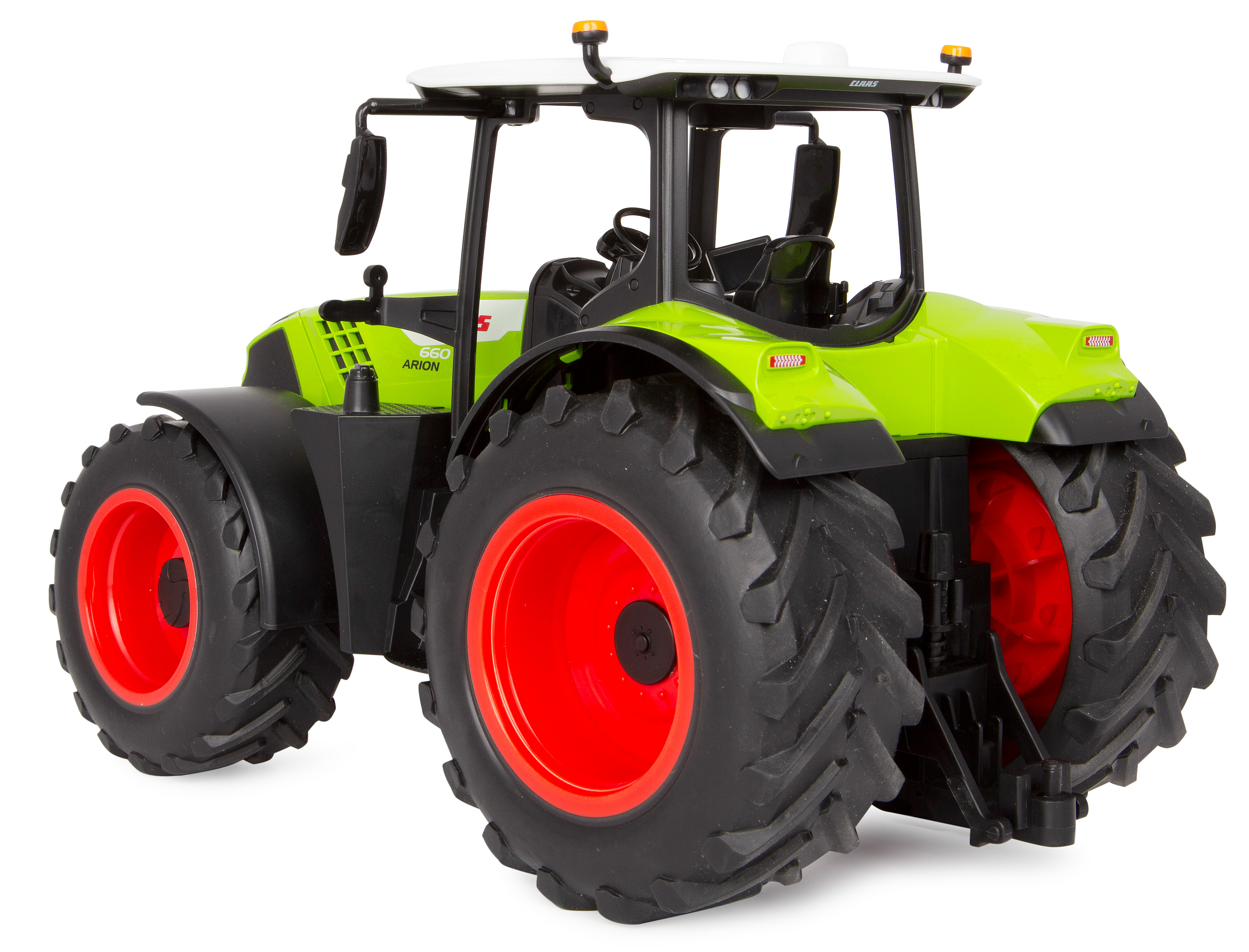 Rückansicht eines grünen und schwarzen Claas-Traktors. Rote Räder, weißes Dach und Lichter sichtbar.
