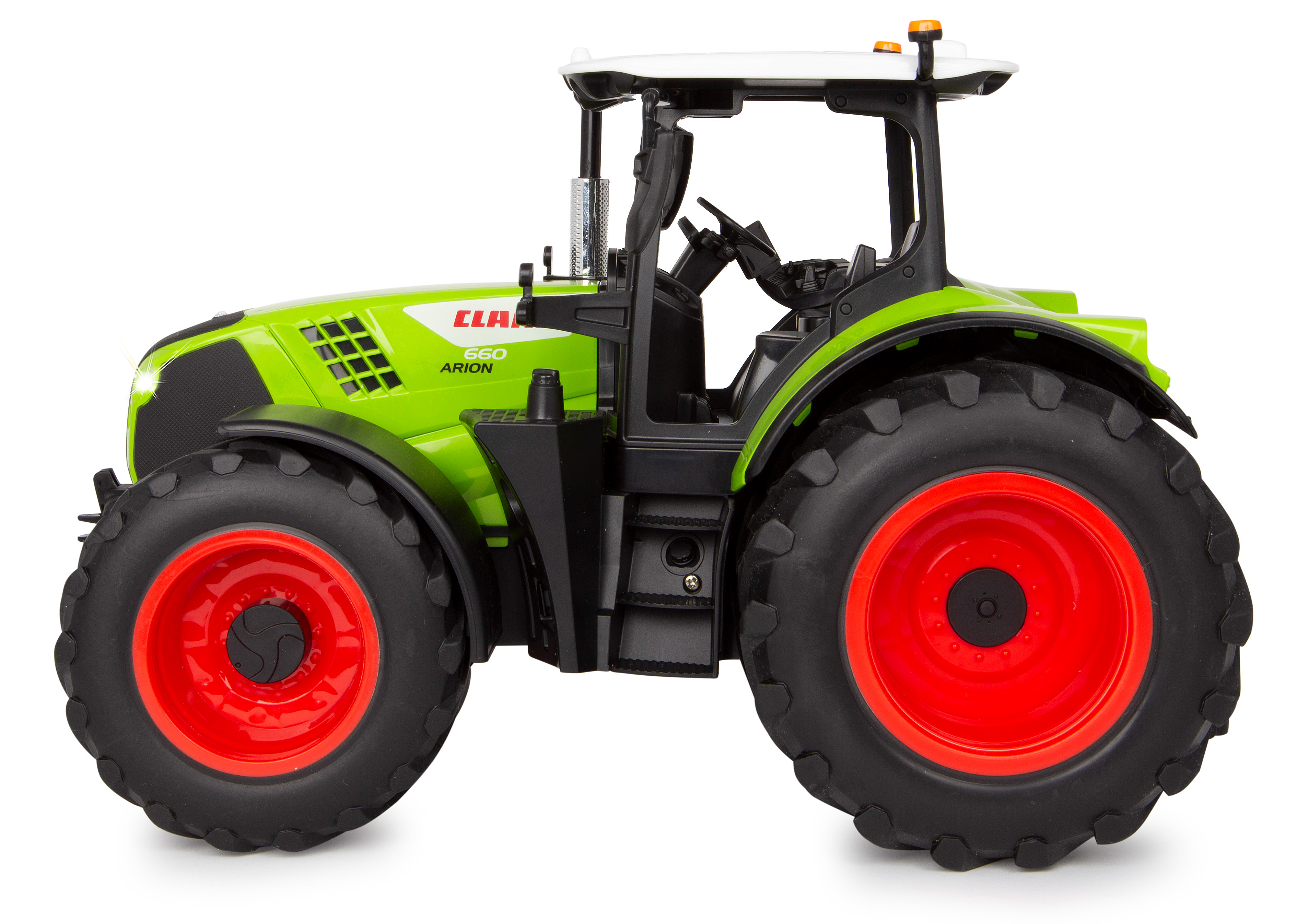 Seitenansicht eines Claas Spielzeugtraktors. Grün-schwarzer Körper, rote Räder, weißes Dach. Claas Logo sichtbar.
