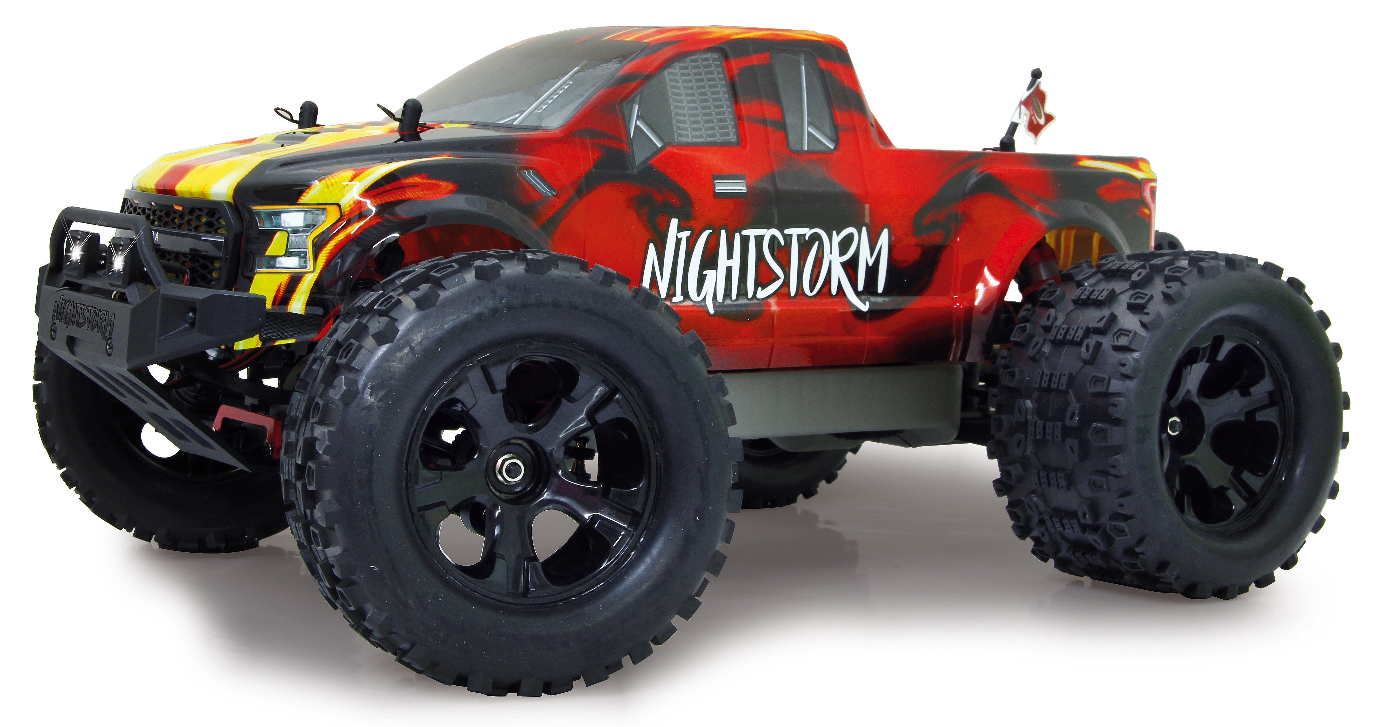 Ein rotes und schwarzes Monstertruck-Spielzeug. Das Wort NIGHTSTORM steht auf der Seite.