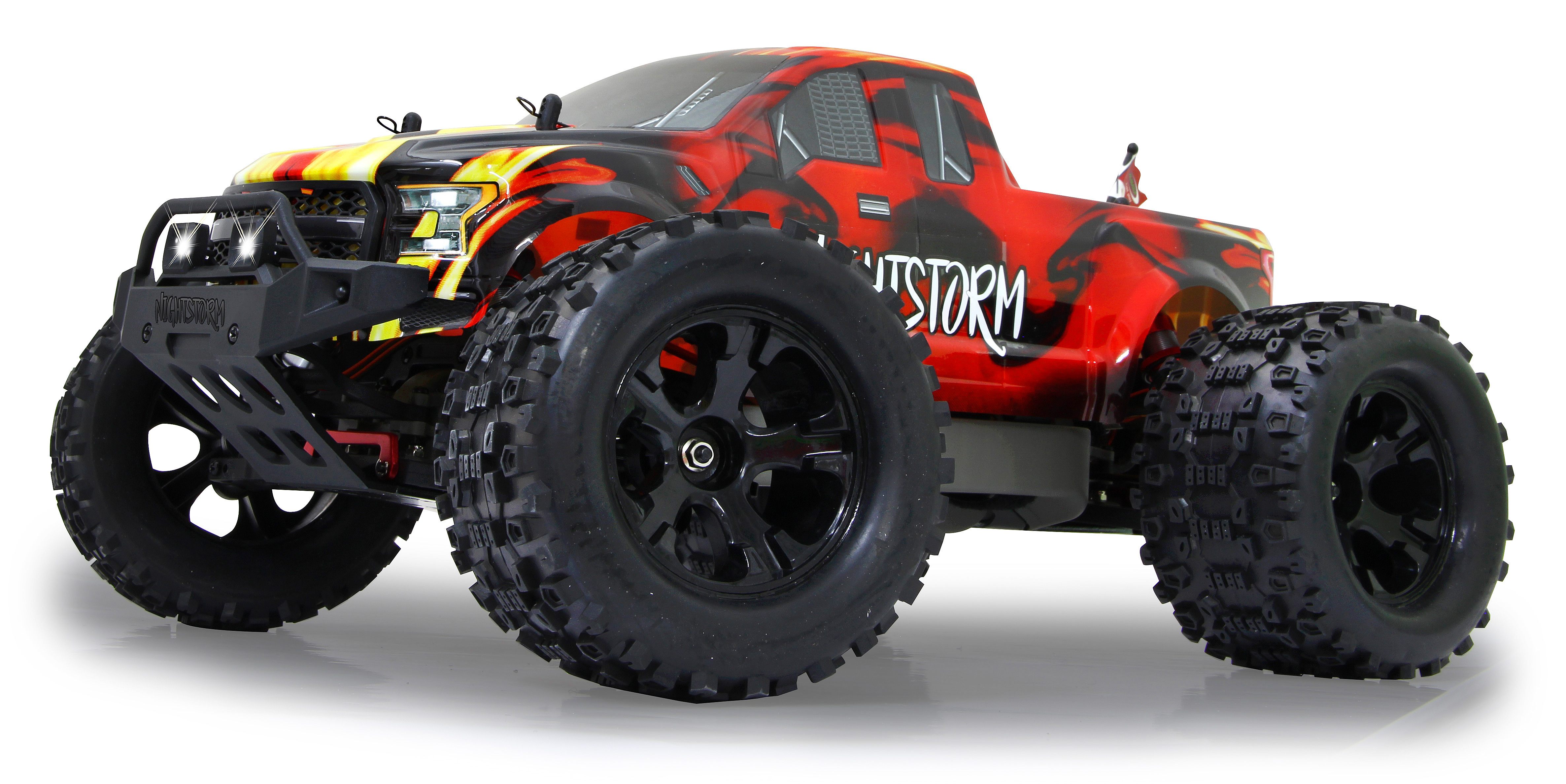 Ein rotes und schwarzes Monstertruck-Spielzeug. Große schwarze Reifen und das Wort NIGHTSTORM.