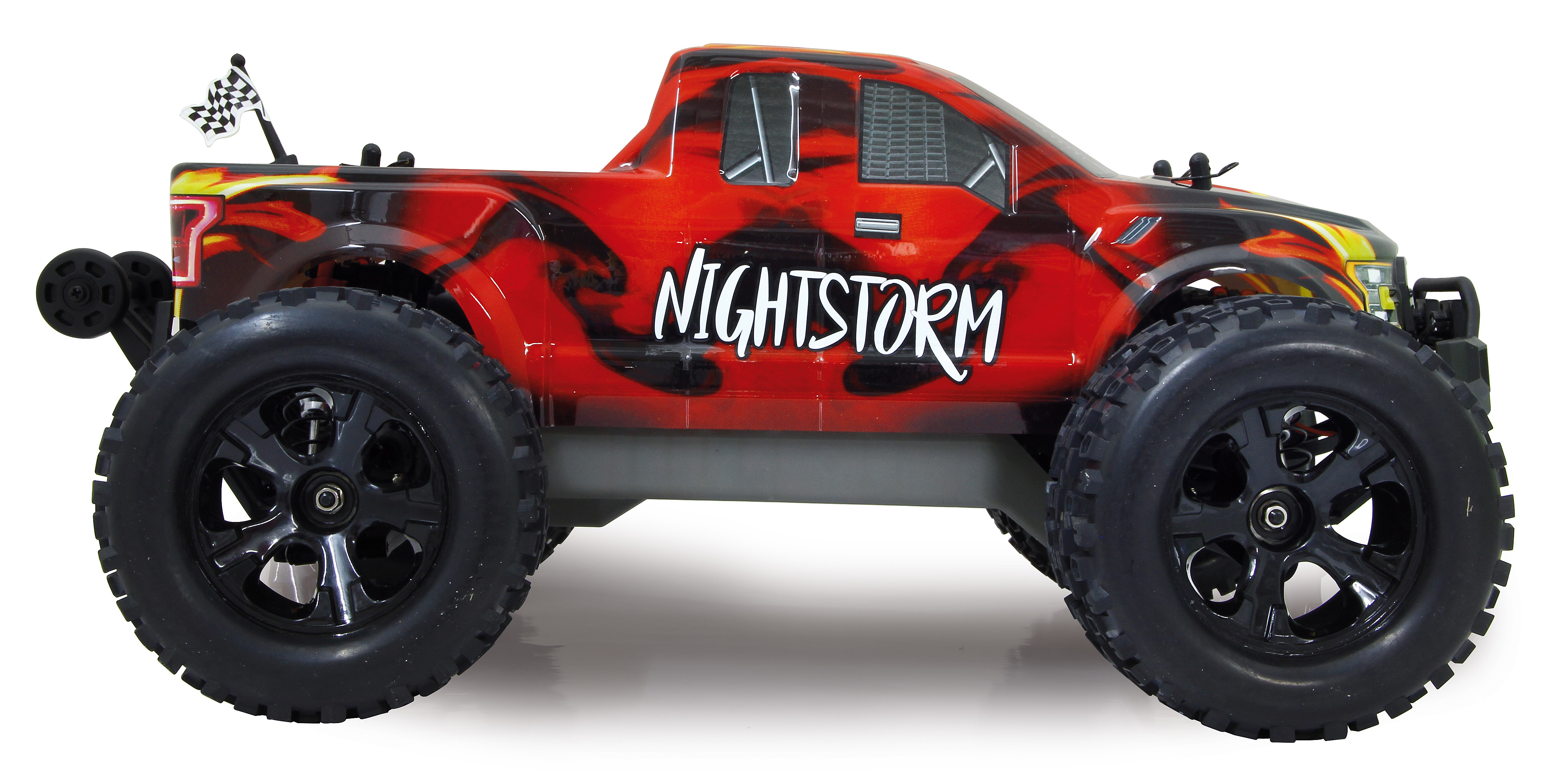 Seitenansicht eines roten und schwarzen Monstertruck-Spielzeugs. Der Name NIGHTSTORM steht dran.
