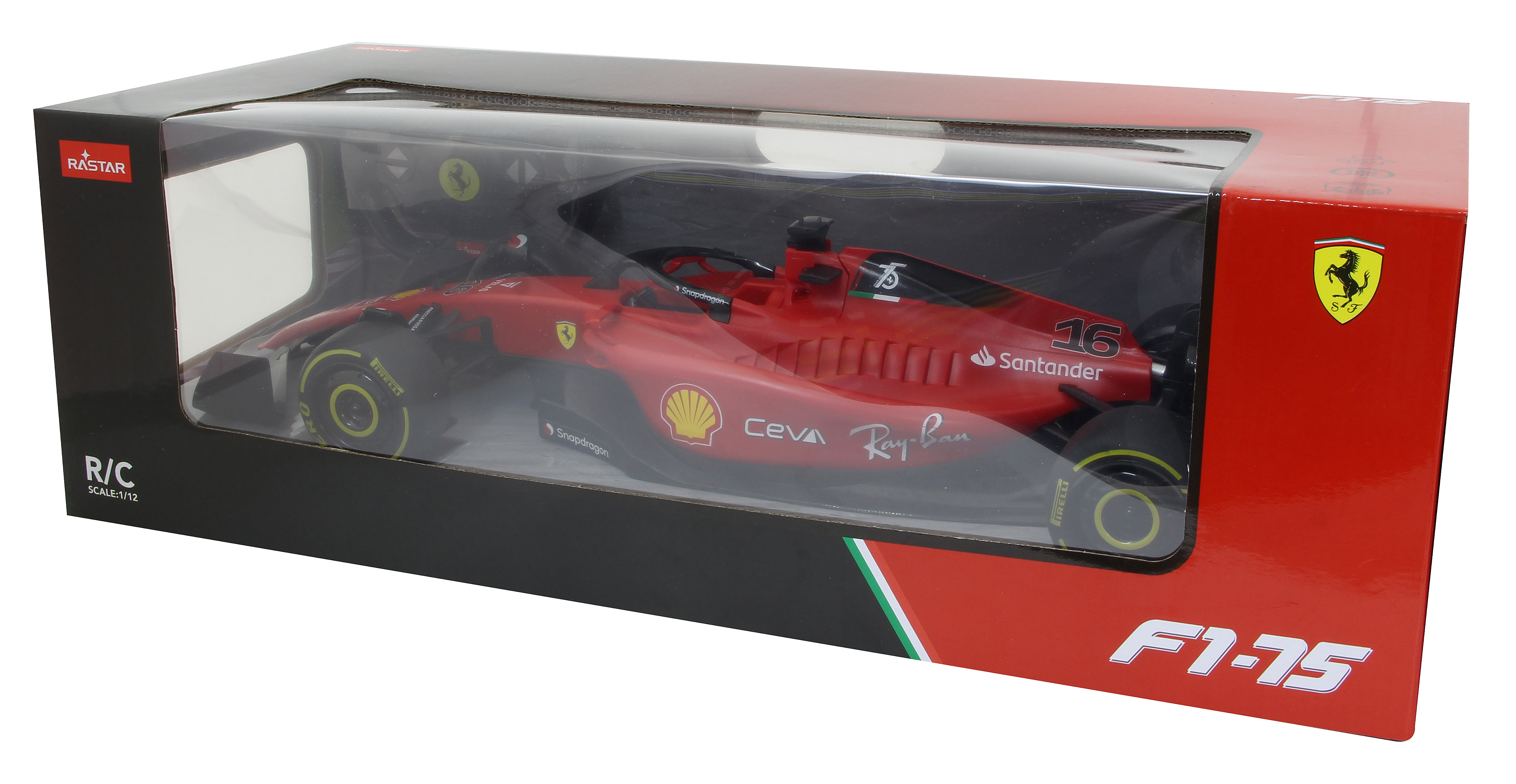 Ein rotes F1-Rennwagen-Spielzeug in einer durchsichtigen Box. Das Auto trägt Ferrari- und Santander-Logos.
