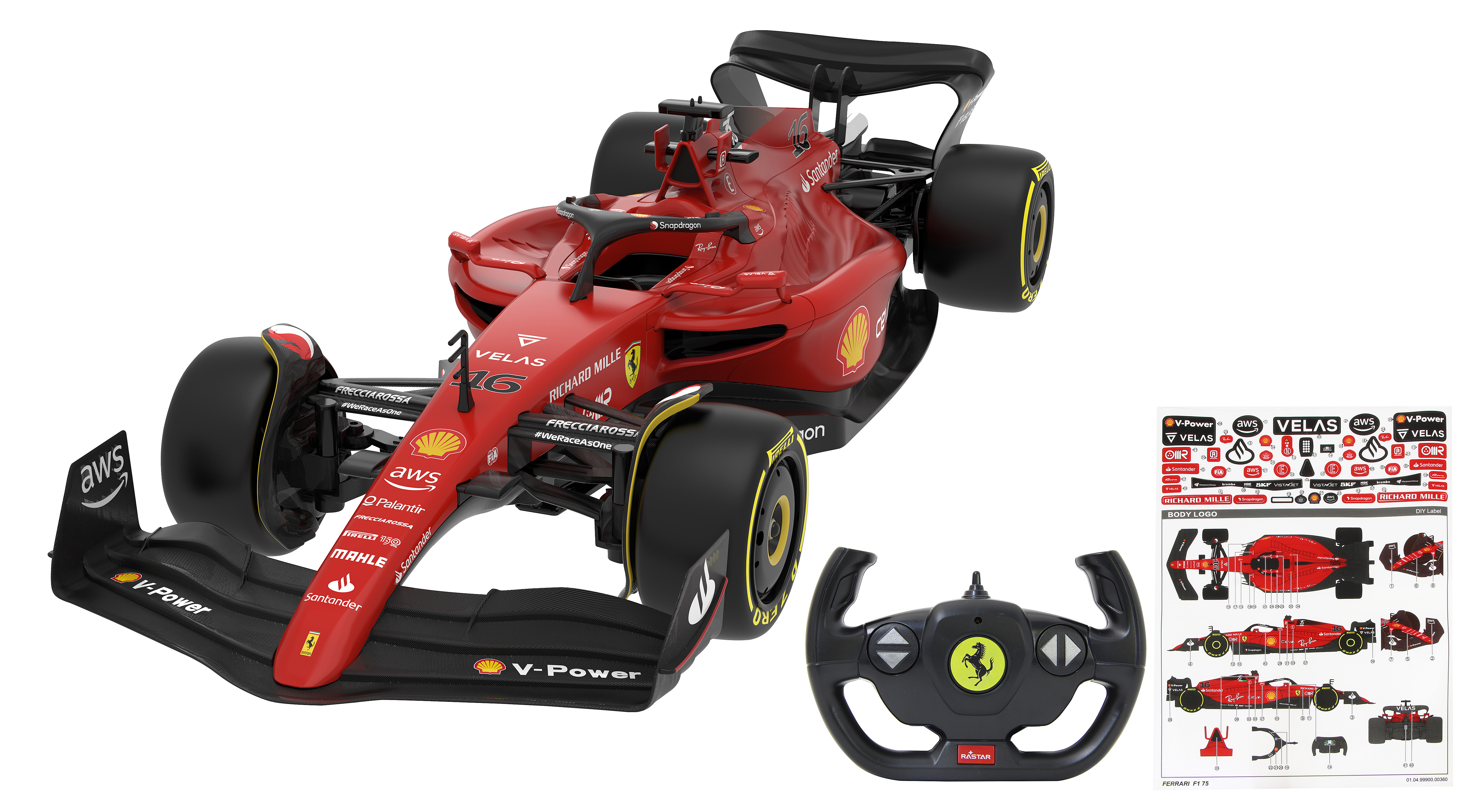 Ein rotes Ferrari F1 Rennwagen-Spielzeug-Set mit Zubehör: Lenkrad, Aufkleber. Das Auto steht auf Weiß.