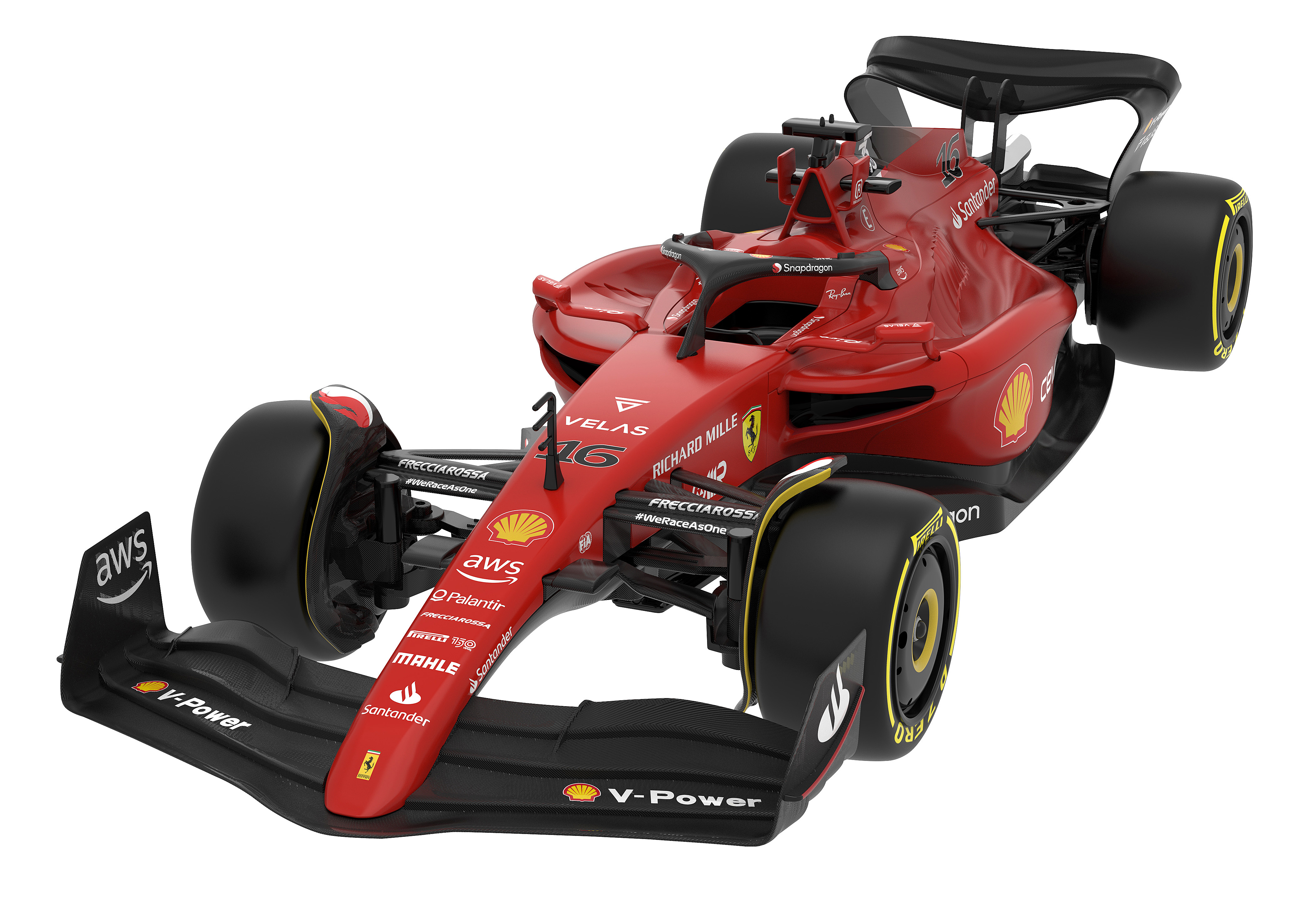 Ein rotes Ferrari F1 Rennwagen-Spielzeug. Merkmale: Logos, Frontflügel, Spoiler. Auf weißem Grund.