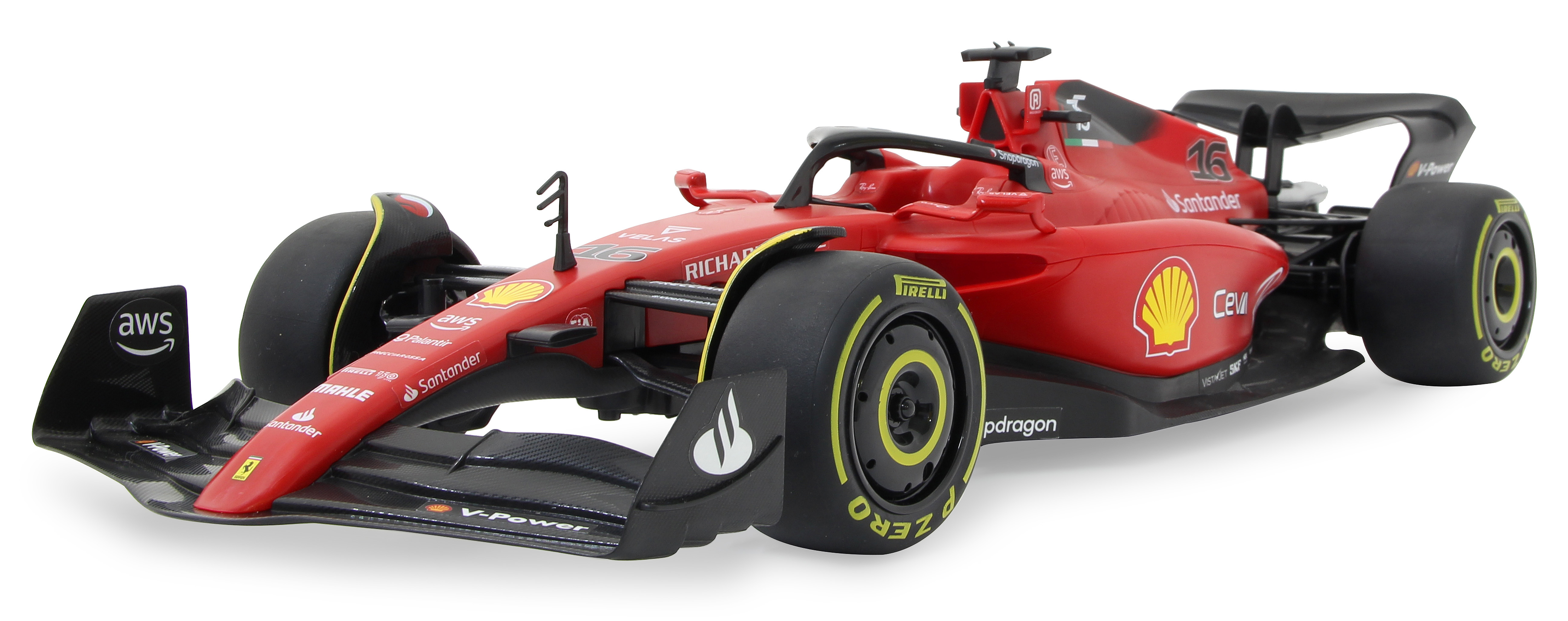 Ein rotes Ferrari F1 Rennwagen-Spielzeug. Merkmale: Logo und Details auf weißem Hintergrund.
