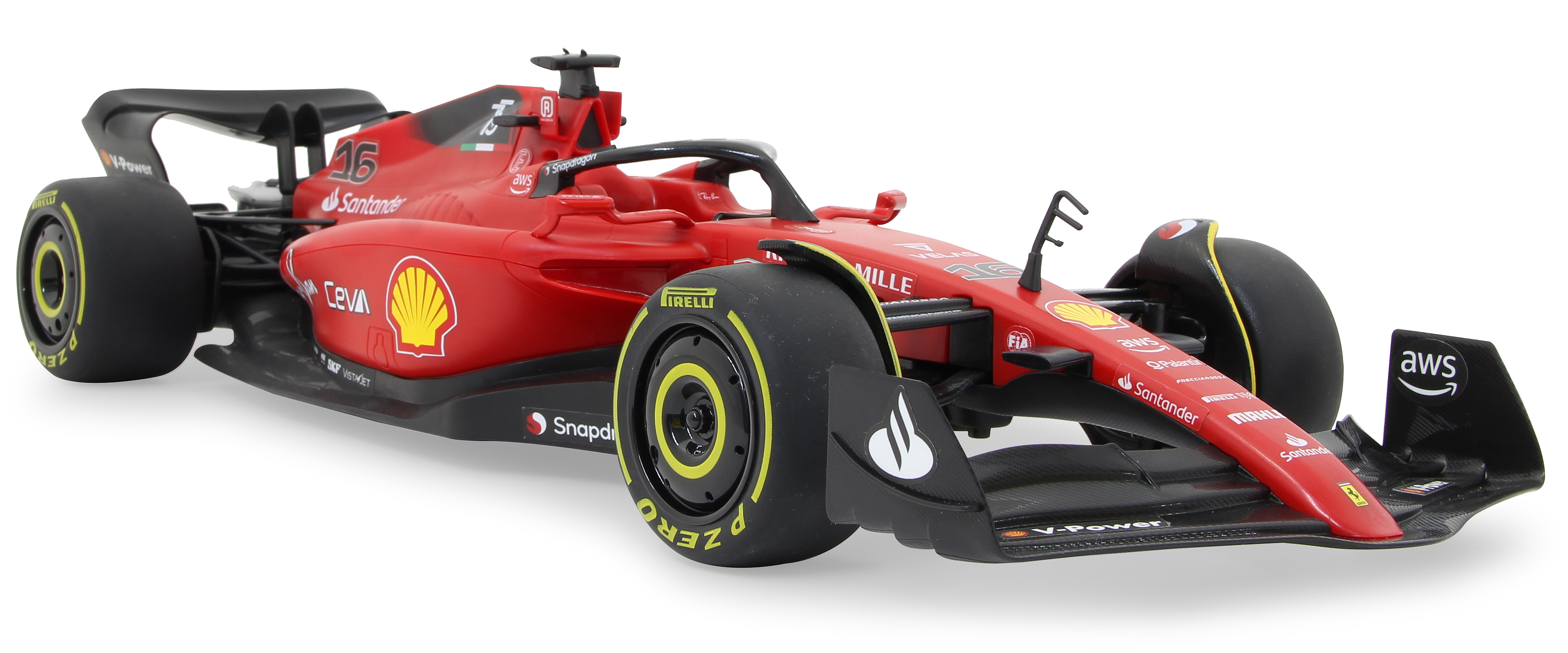 Ein rotes Ferrari F1-Modellauto. Es hat Sponsorenlogos und schwarze Räder.