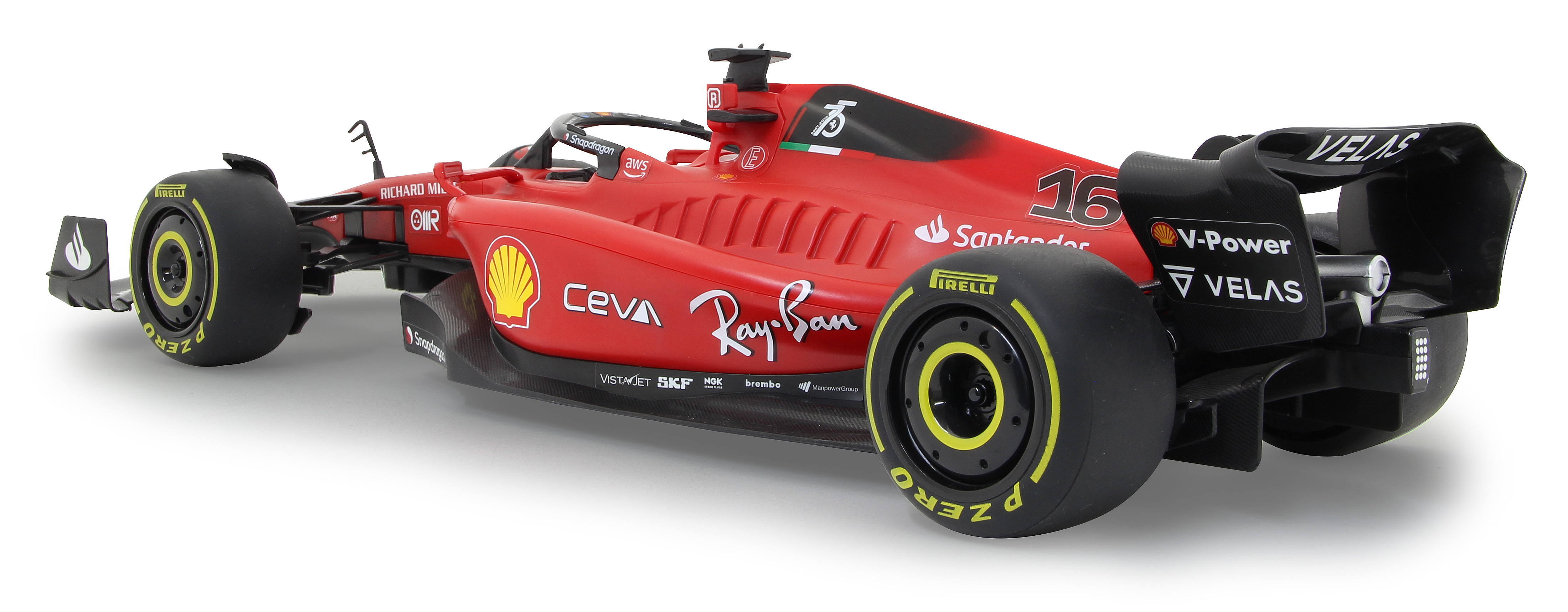 Ein rotes Ferrari F1-Modellauto. Rückseite und Seite sind sichtbar. Sponsorenlogos sind vorhanden.