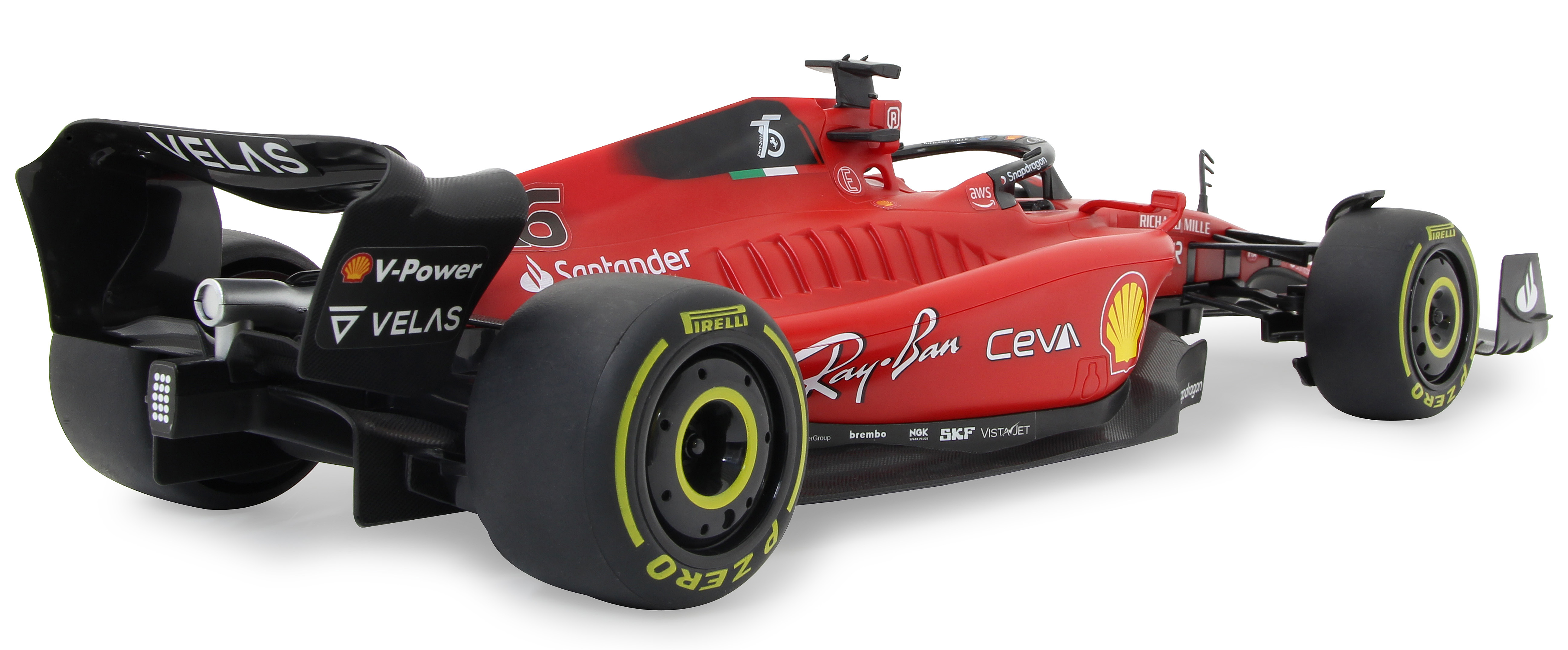 Ein rotes Ferrari F1-Modellauto. Die Rückseite ist sichtbar, mit Sponsorenlogos und schwarzen Rädern.