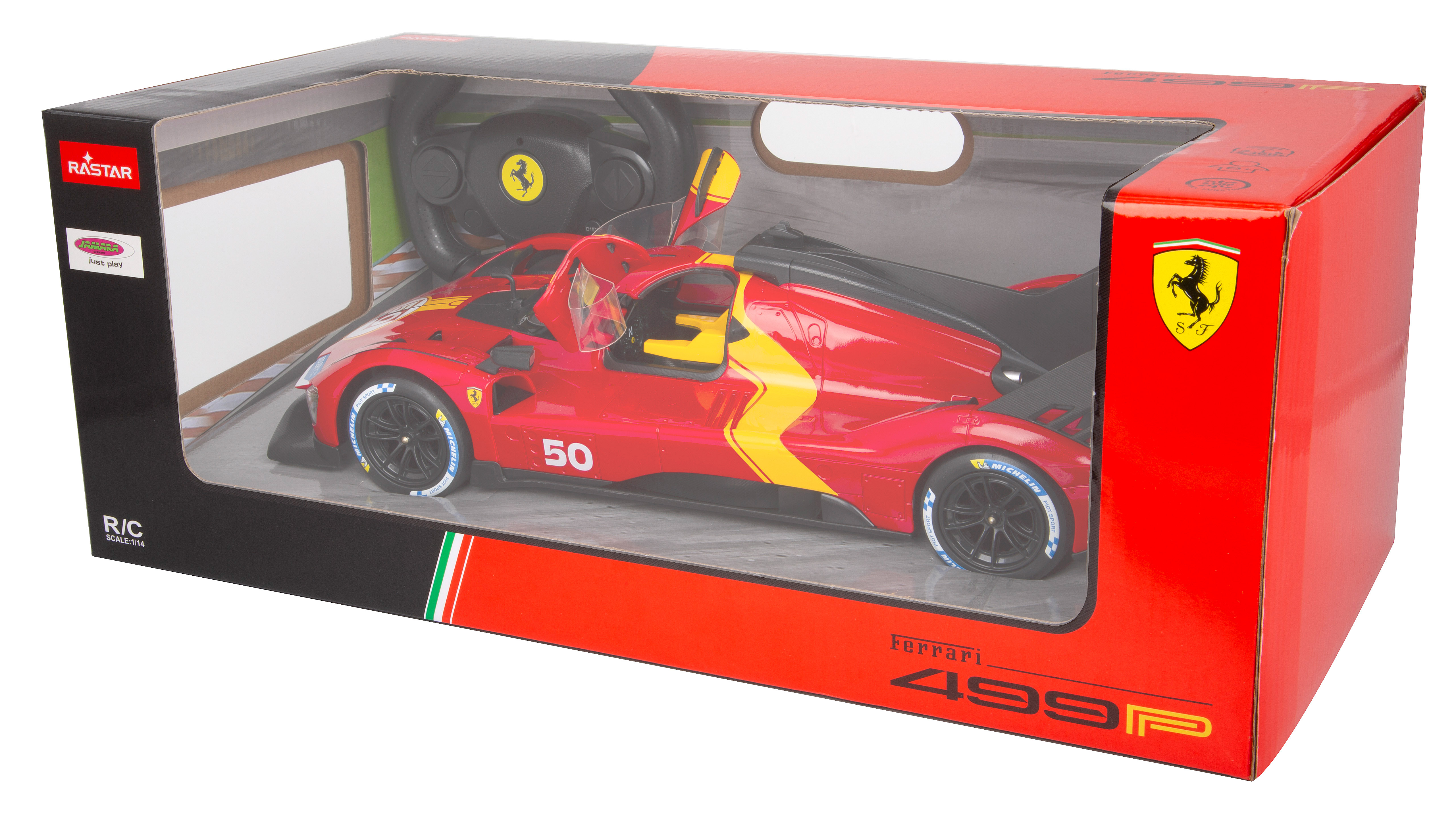 Ein rotes Ferrari 499P Spielzeugauto in einer Box. Die Box ist rot und hat ein transparentes Fenster.