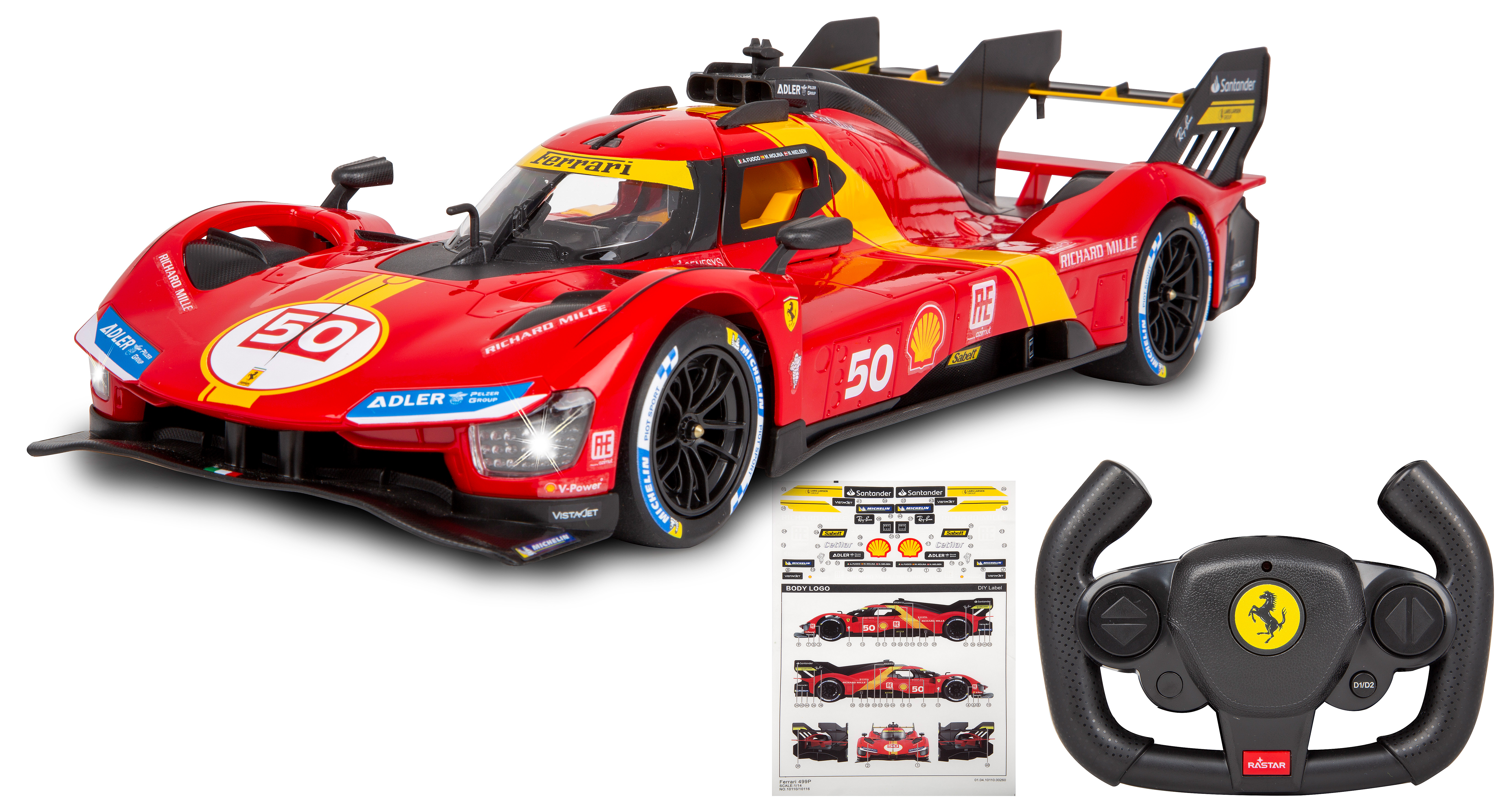 Ein rotes Rennauto mit Lenkrad und Aufklebern. Das Auto hat die Nummer 50 darauf.