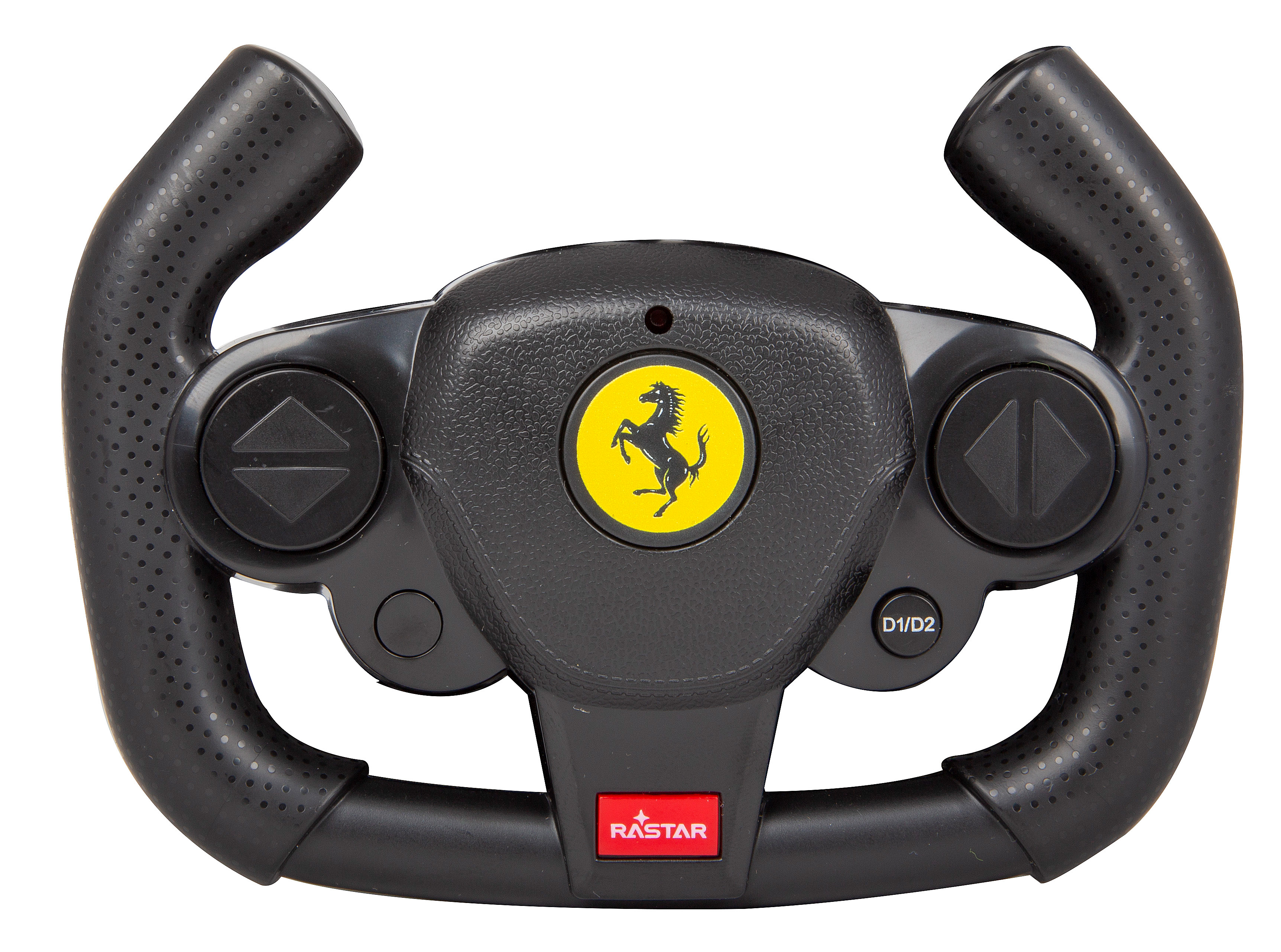 Ein schwarzes Lenkrad mit dem Ferrari-Logo. Es hat Knöpfe und einen strukturierten Griff.