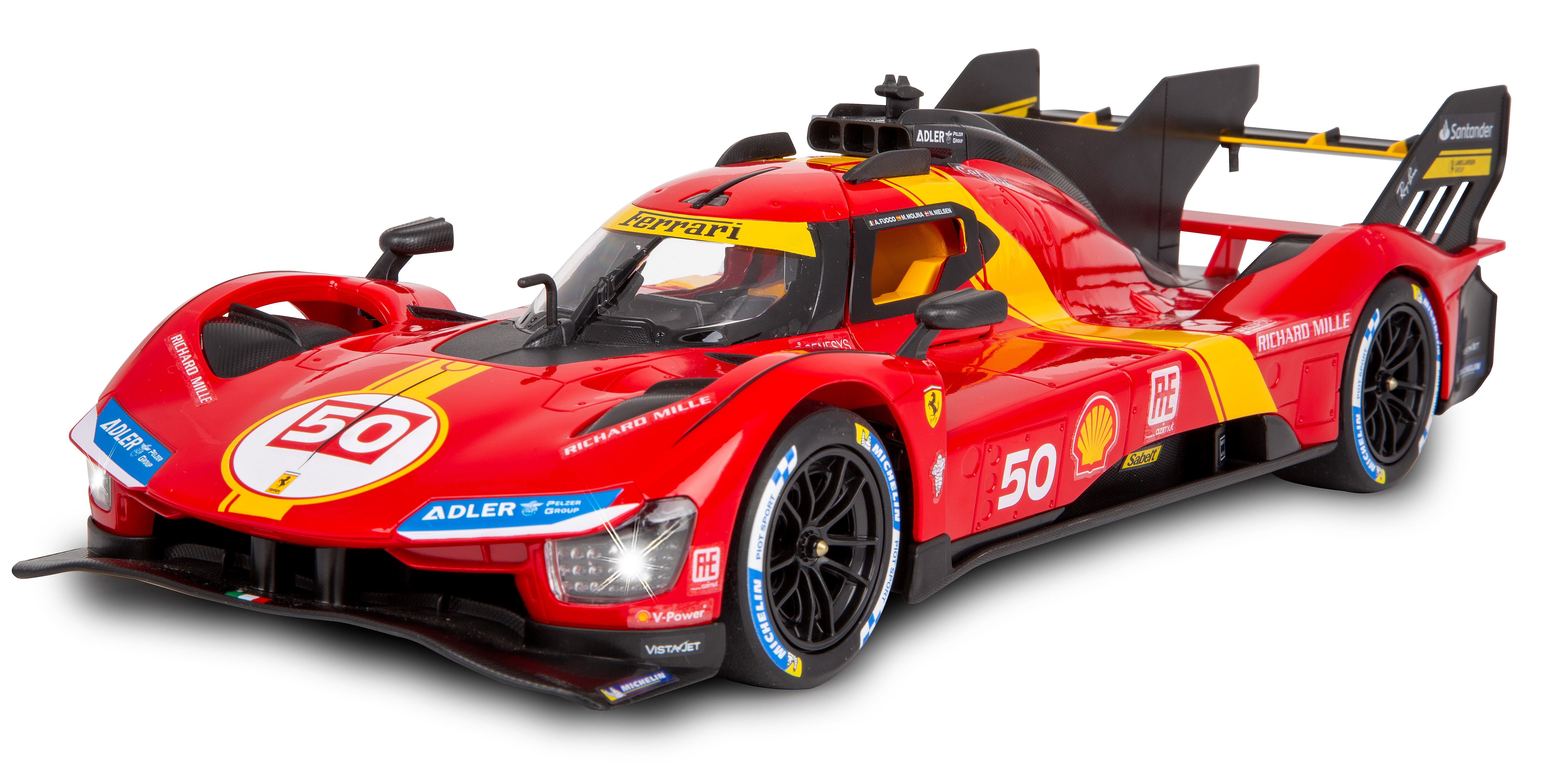 Ein rotes und gelbes Rennauto mit der Nummer 50. Es hat Sponsorenlogos und Scheinwerfer.