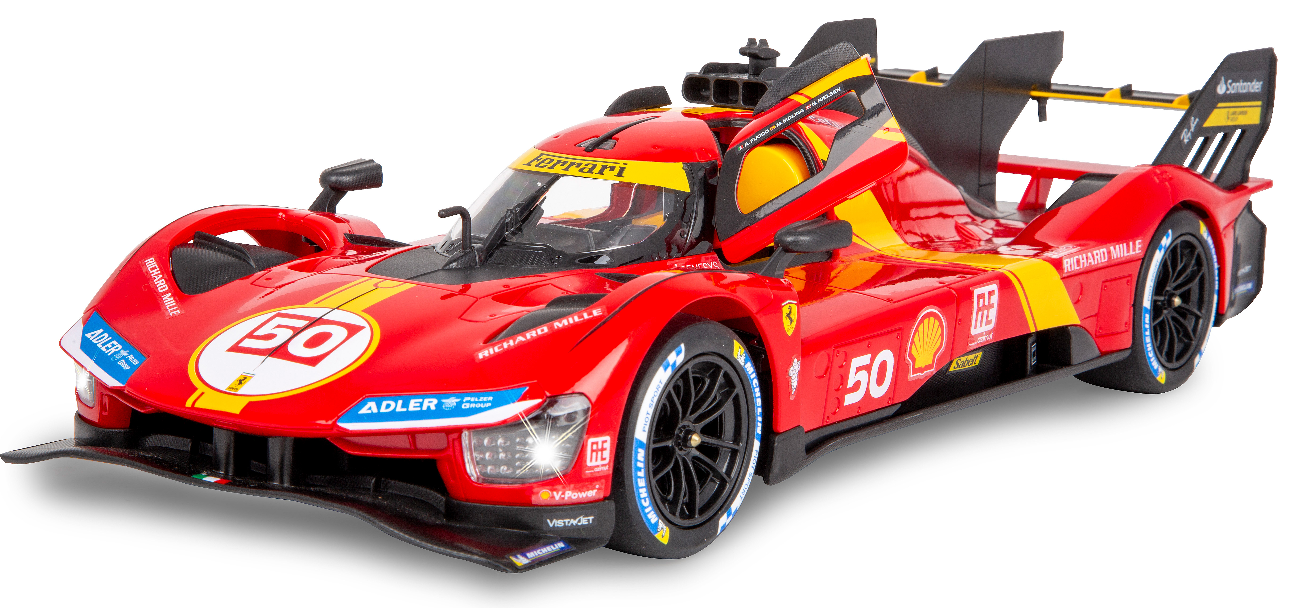 Ein rotes und gelbes Rennauto mit Scheinwerfern und der Nummer 50. Das Auto hat Sponsorenlogos.