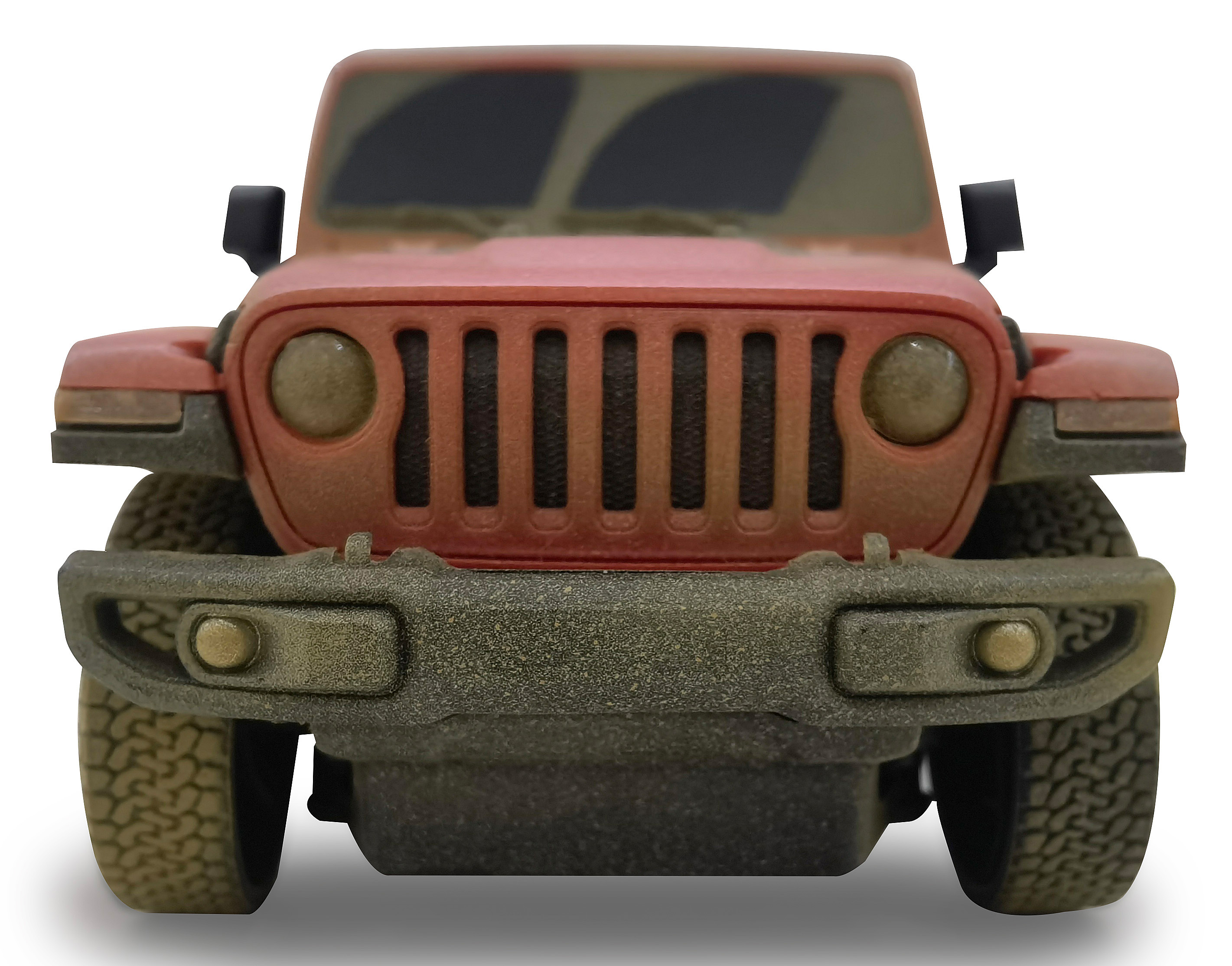 Vorderansicht eines roten Jeep-Spielzeugautos. Kühlergrill und Stoßstange sind sichtbar.