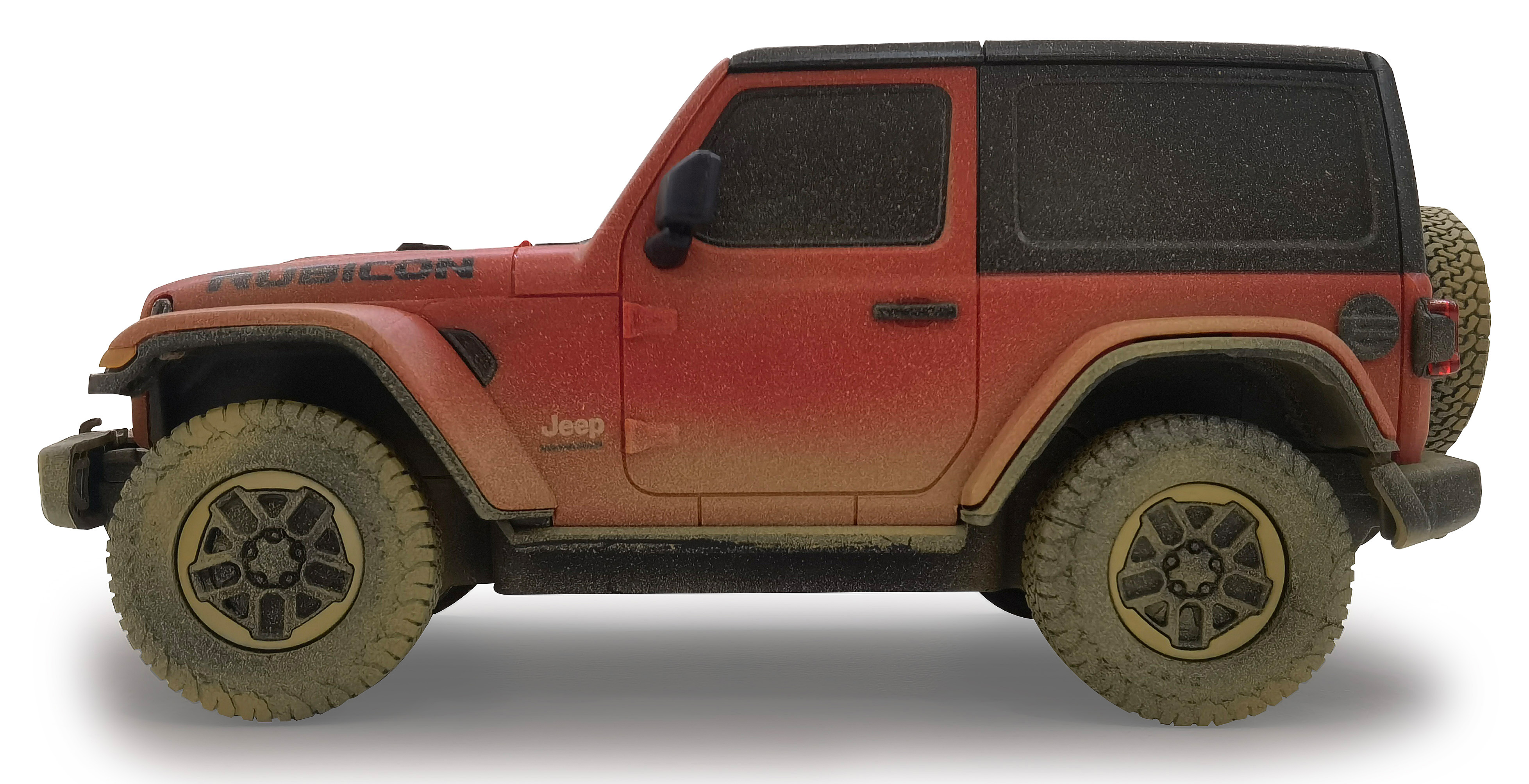 Seitenansicht eines roten Jeep-Spielzeugautos mit schwarzem Dach. Die Räder sind schmutzig.