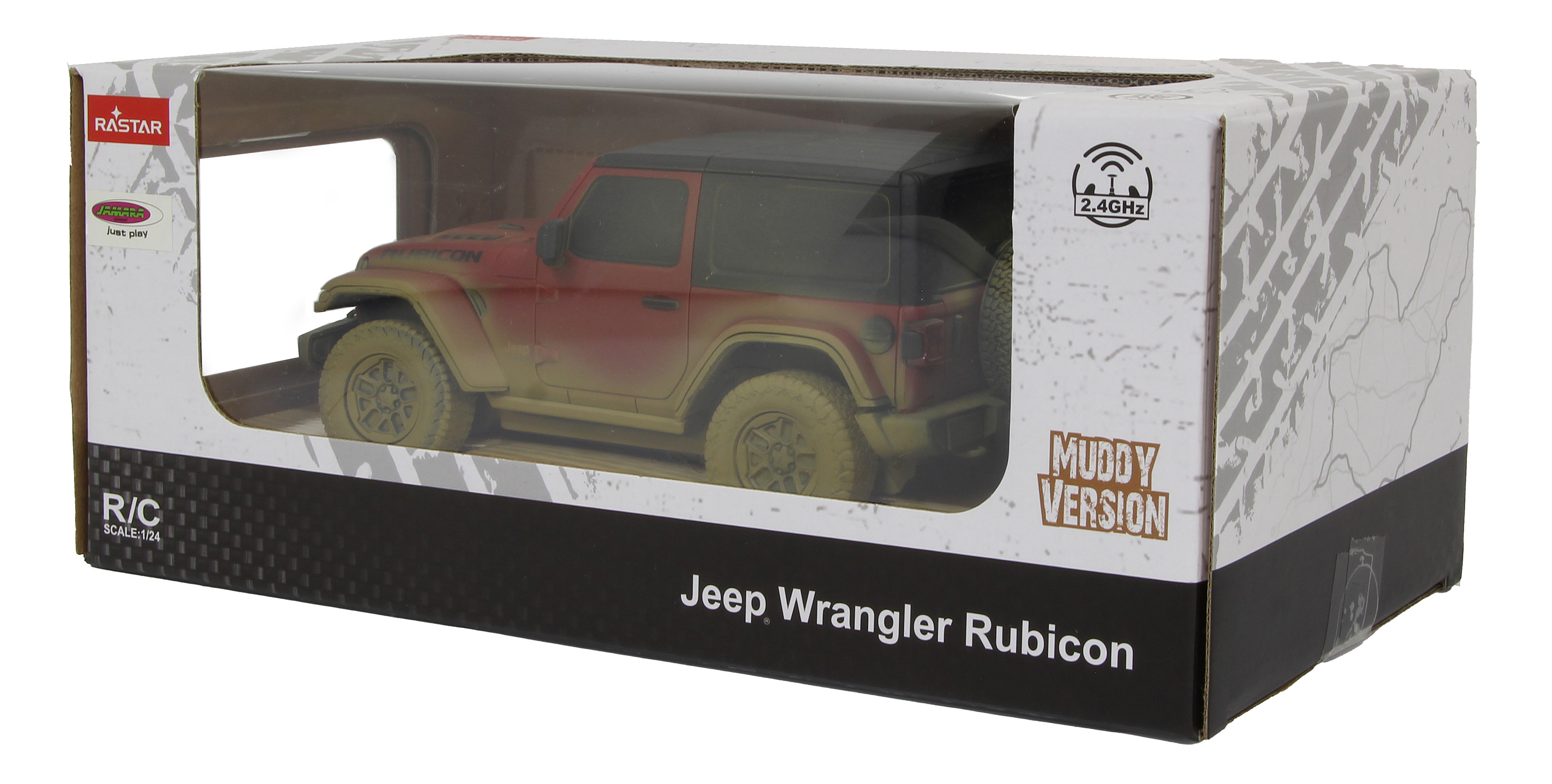 Verpackter Jeep Wrangler Rubicon. Das Spielzeugauto ist rot.