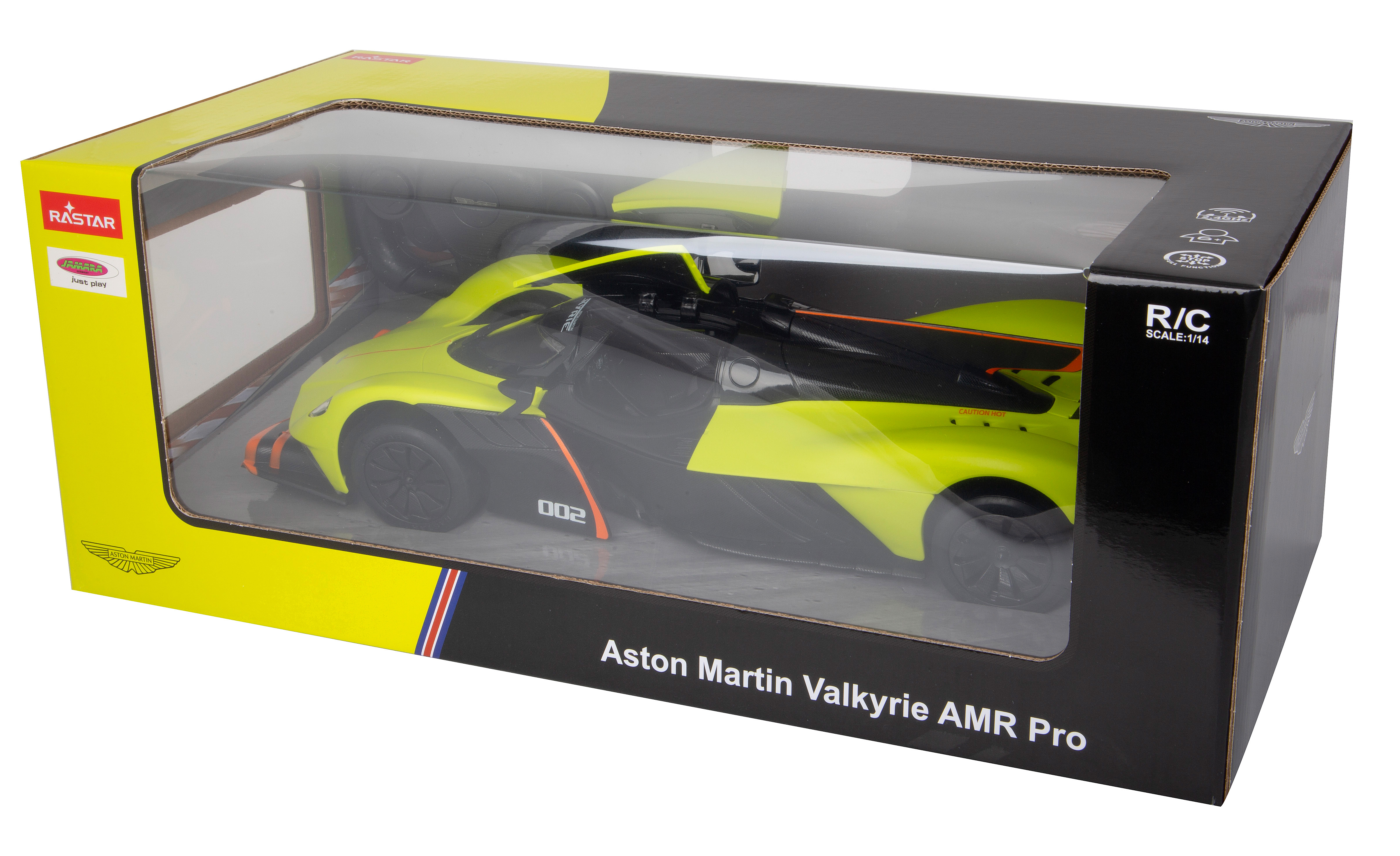 Verpacktes limonengrünes und schwarzes Aston Martin Valkyrie AMR Pro Spielzeugauto.