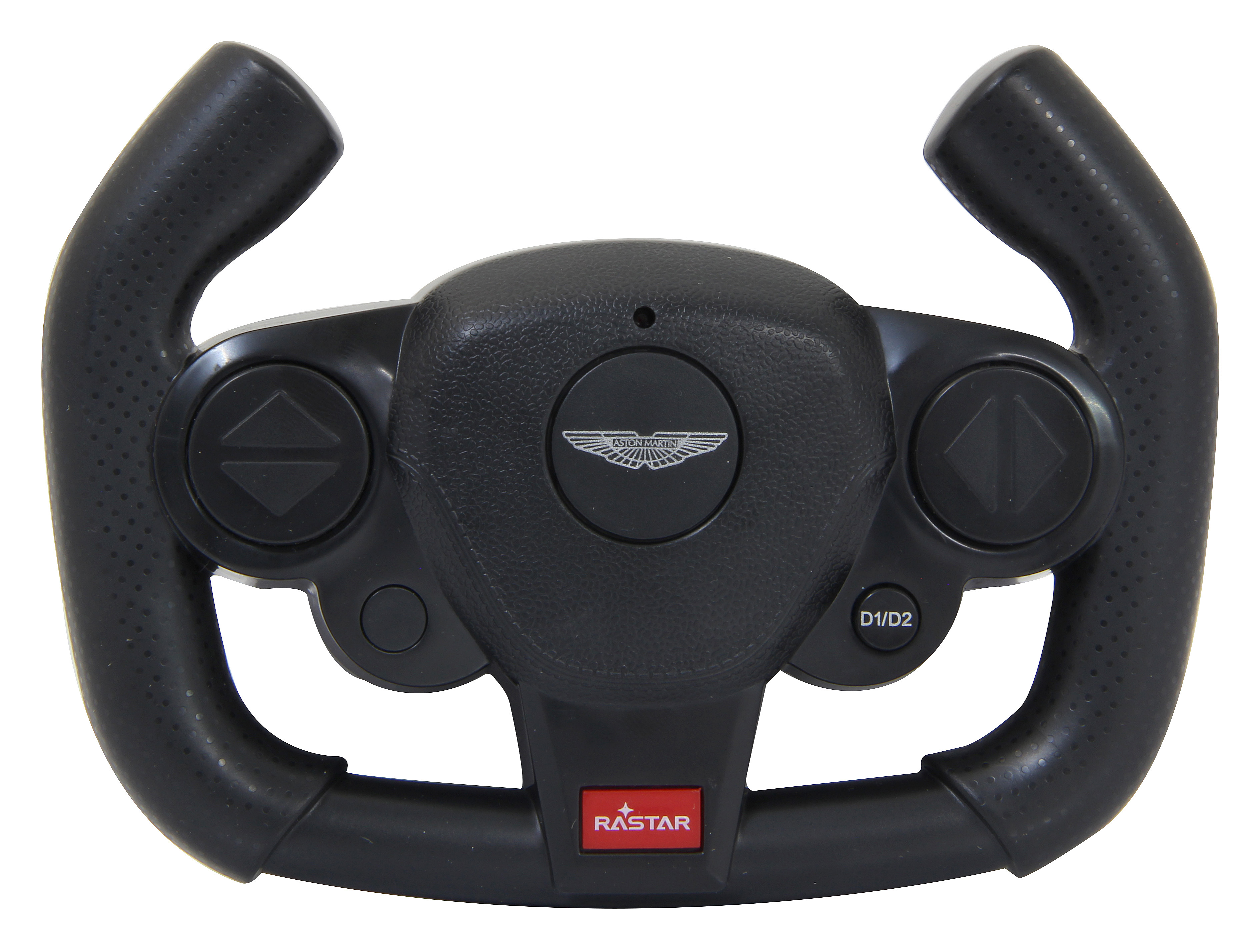 Ein schwarzer Lenkrad-Controller mit silbernem Logo und Knöpfen.