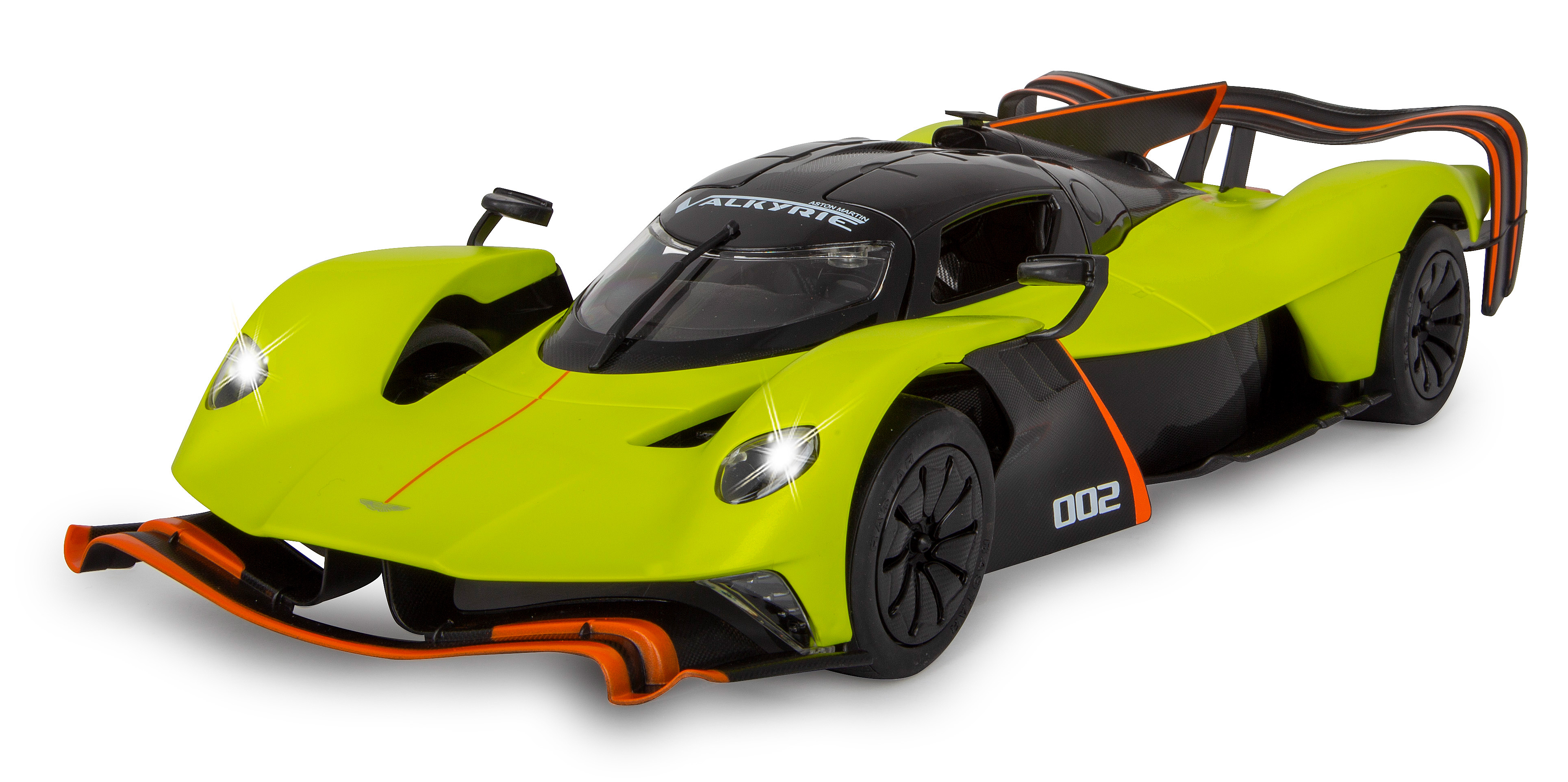 Limettenfarbenes und schwarzes Sportauto. Die Scheinwerfer sind an.