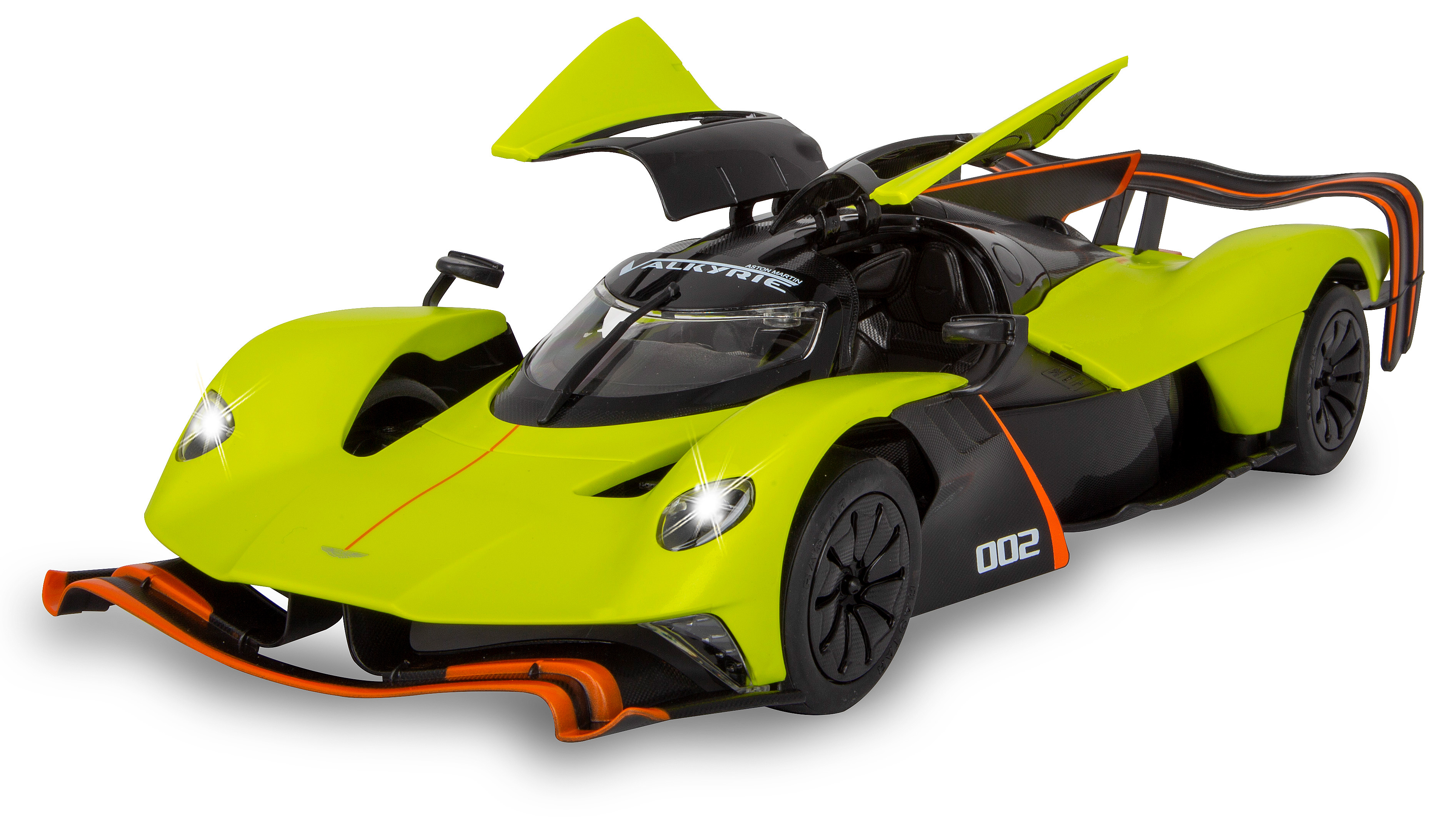 Limettenfarbenes und schwarzes Sportauto mit offenen Türen. Scheinwerfer sind an.