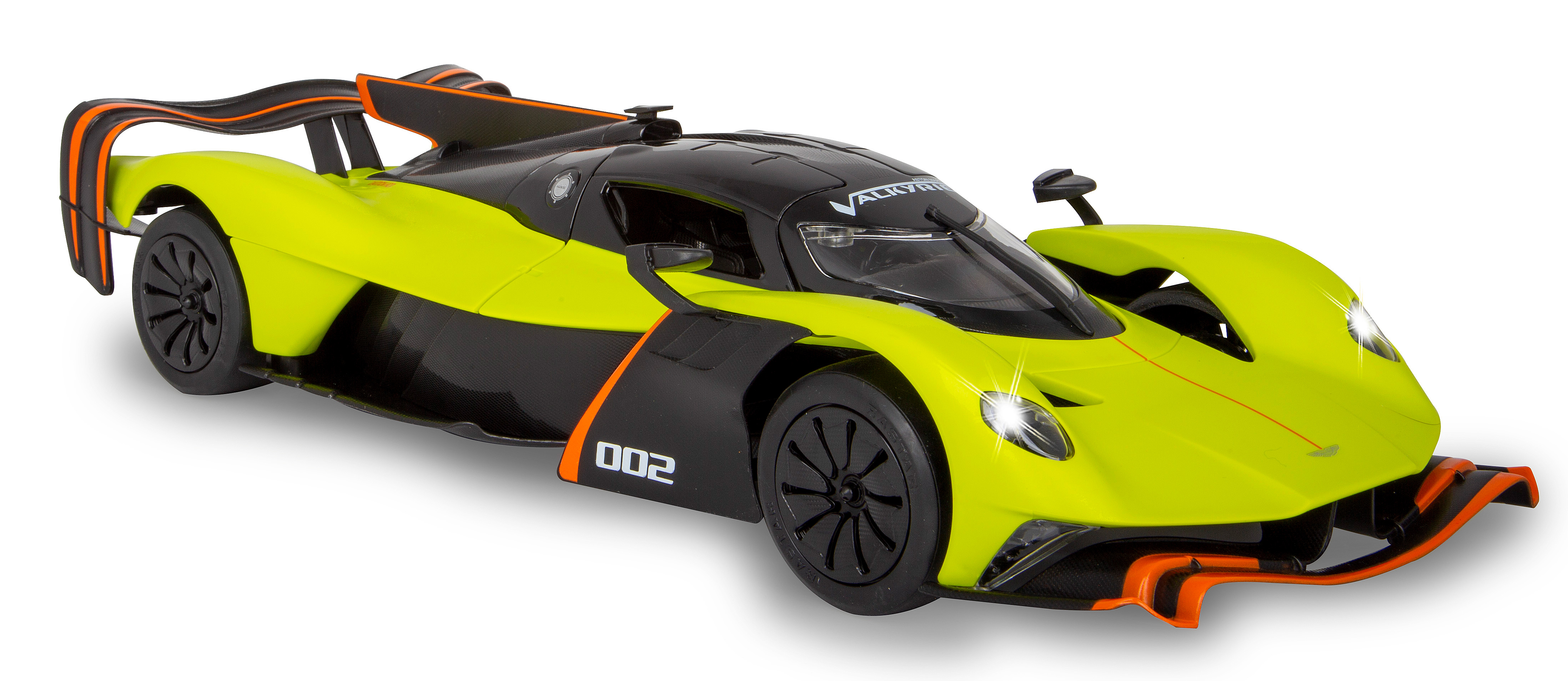 Limettenfarbenes und schwarzes Sportauto in Schrägansicht. Scheinwerfer sind an.