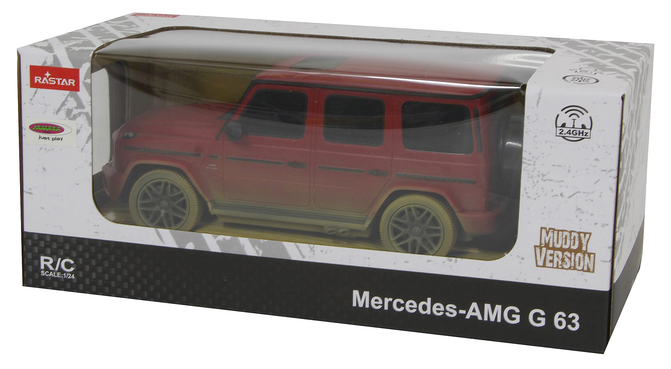 Rotes SUV-Spielzeug in einer Box mit einem transparenten Kunststofffenster. Weißer Hintergrund.