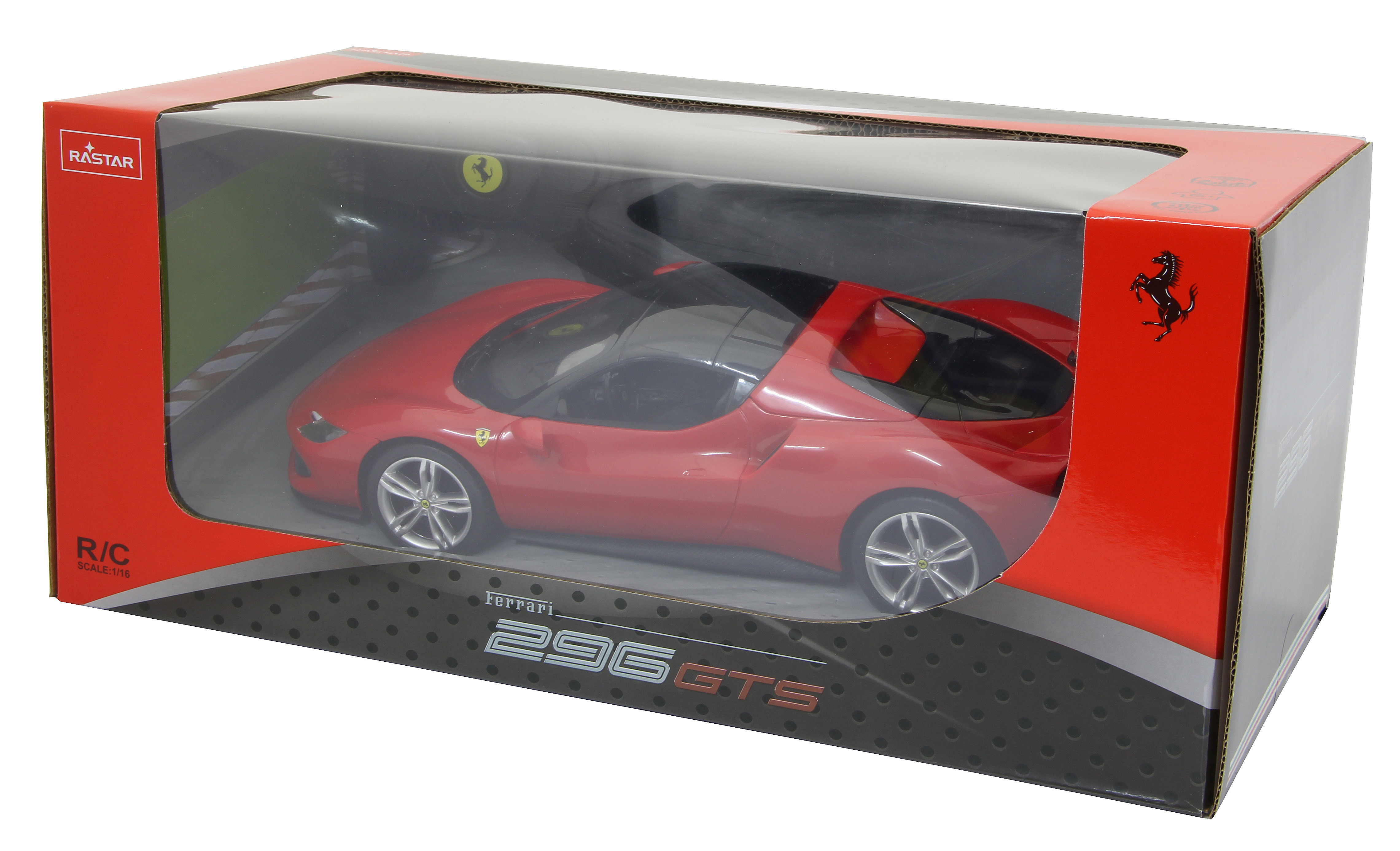 Rotes Ferrari-Spielzeugauto in einer Box. Weißer Hintergrund.