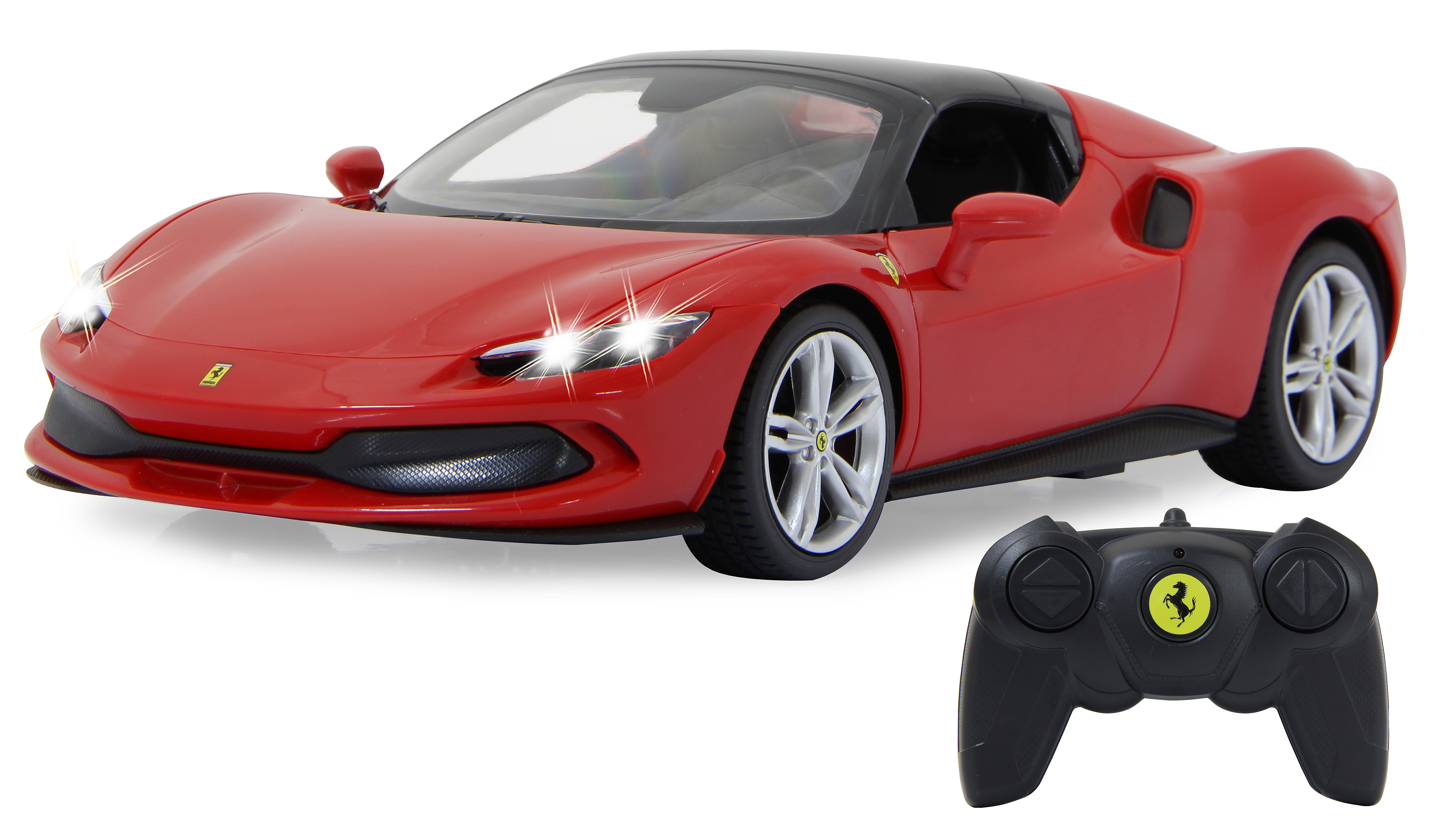 Rotes Ferrari-Sportwagen-Spielzeug mit Fernbedienung. Weißer Hintergrund.