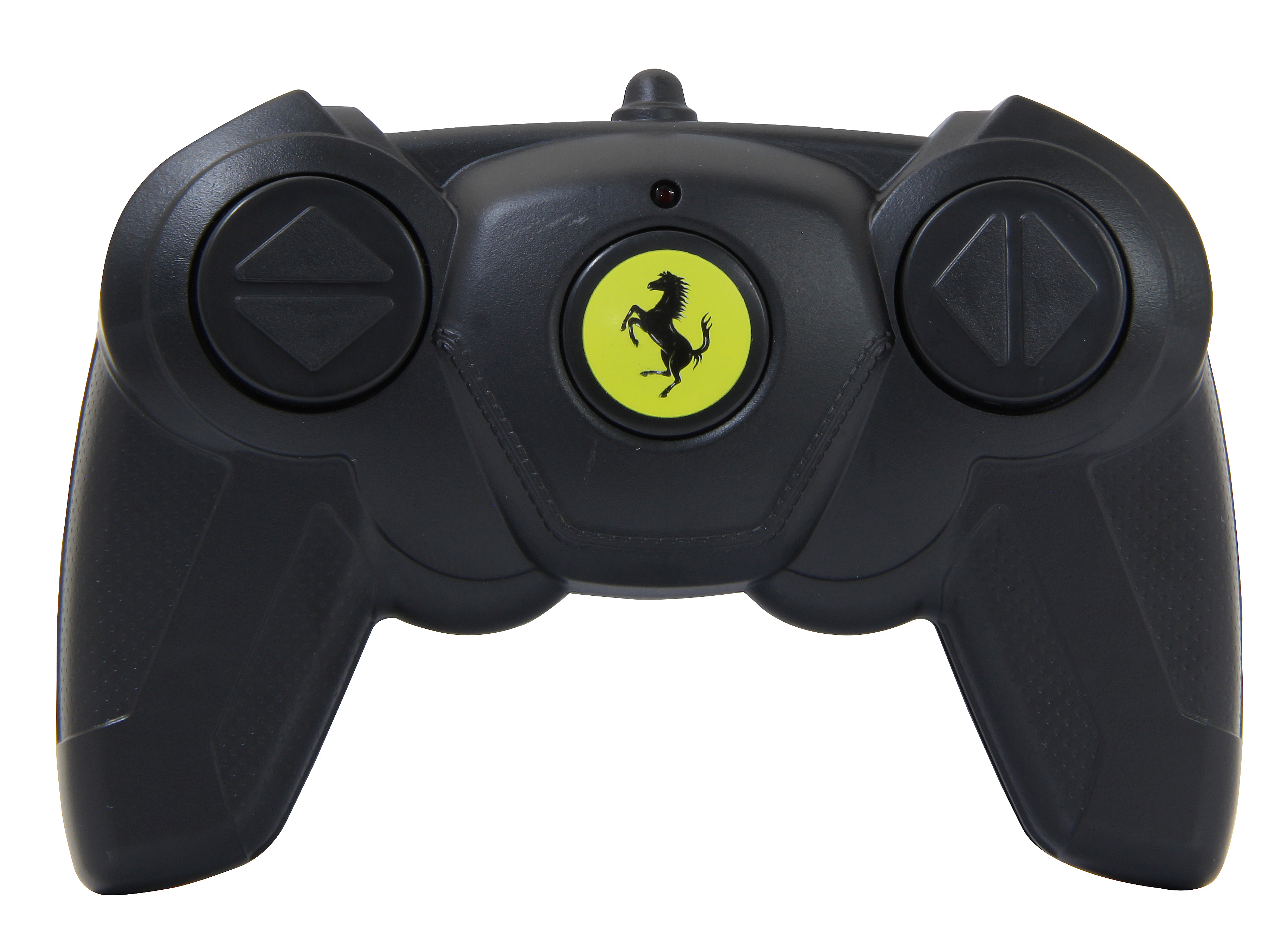 Schwarze Fernbedienung mit Ferrari-Logo. Weißer Hintergrund.
