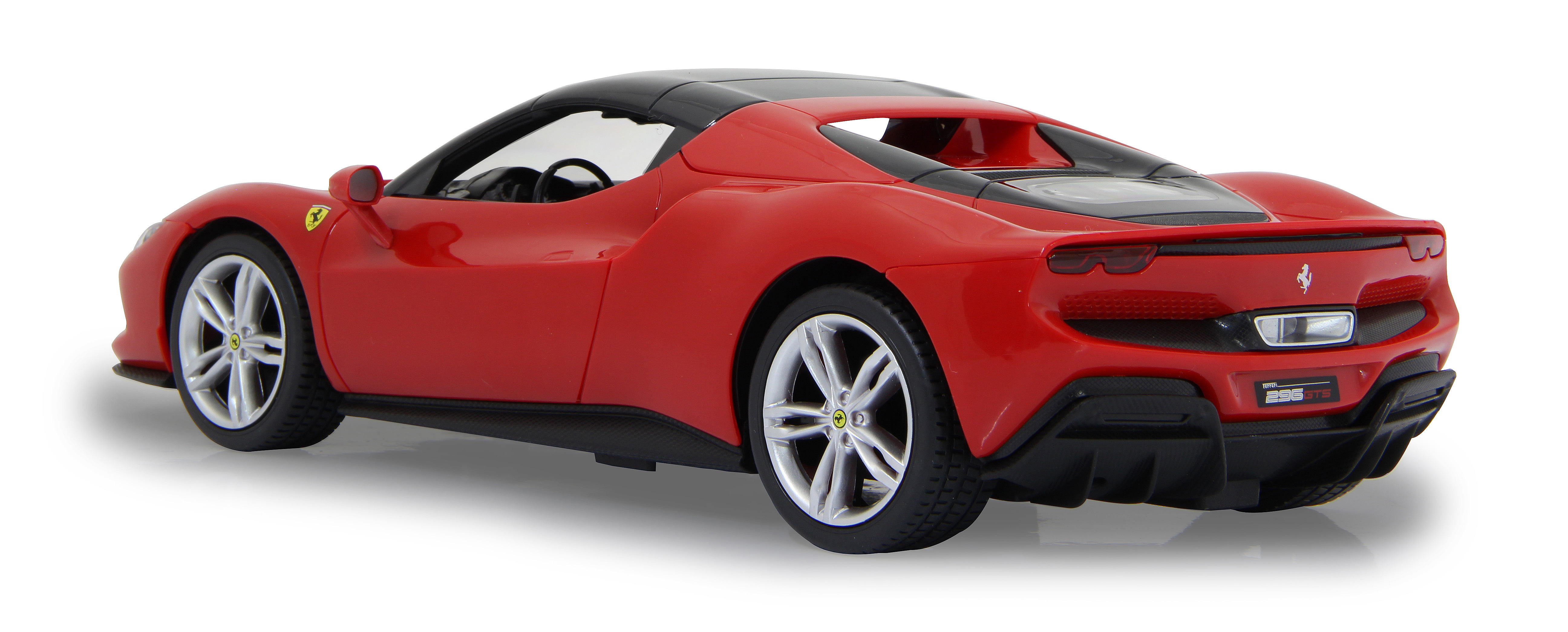 Rotes Ferrari-Sportwagenmodell mit schwarzem Dach, weißen Rädern und weißem Hintergrund.