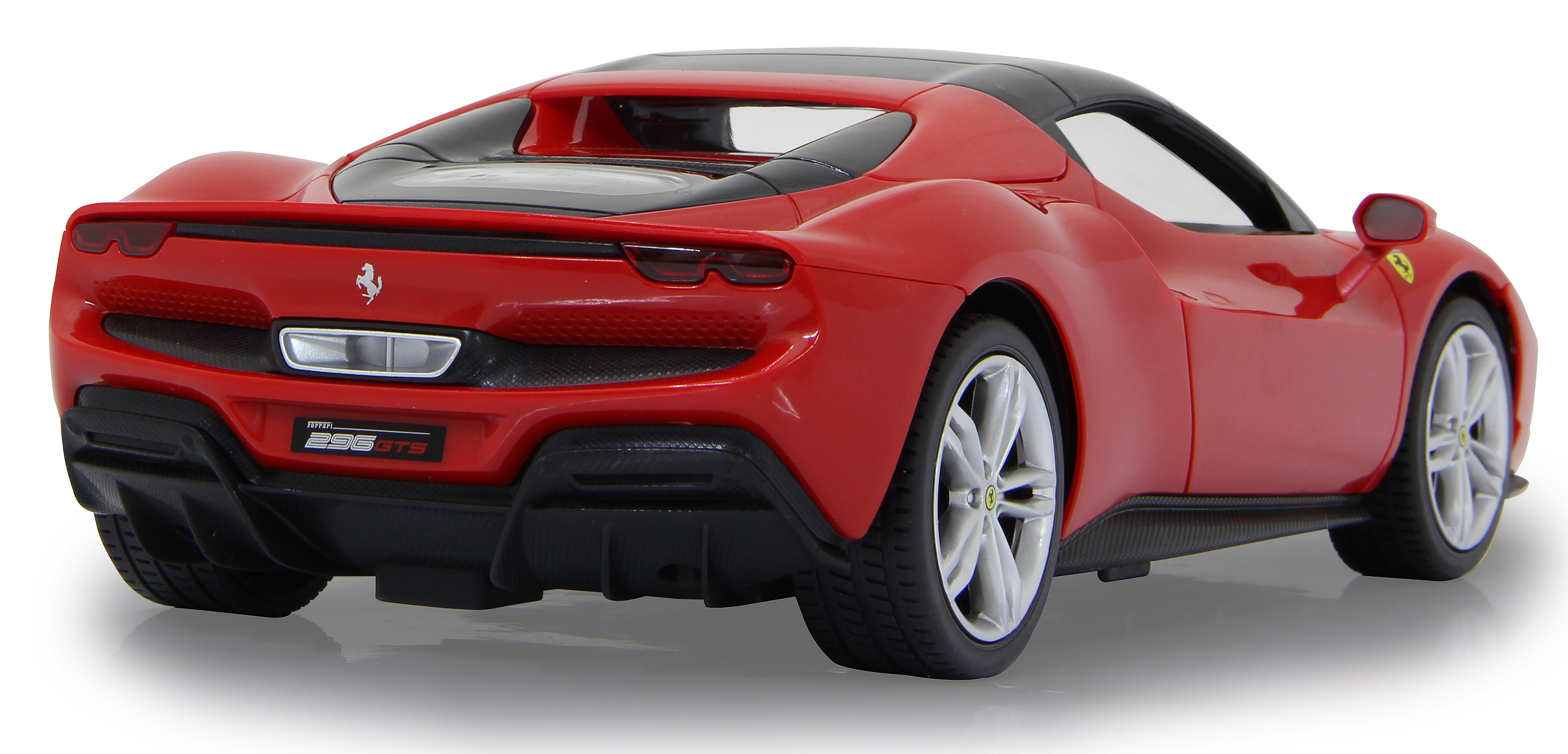 Rückansicht eines roten Ferrari-Sportwagenmodells mit schwarzem Dach und weißen Rädern.