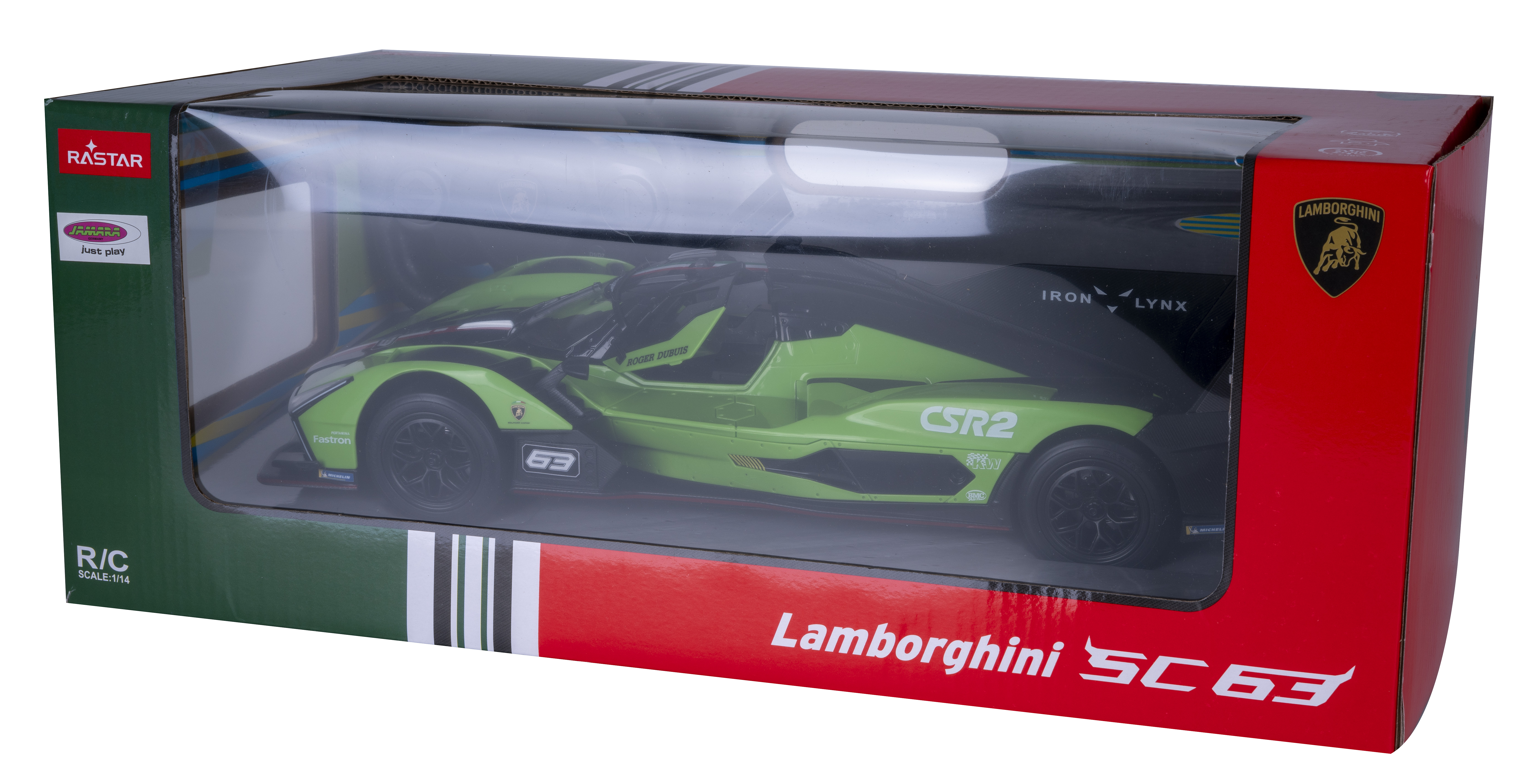Grünes Lamborghini-Rennwagenmodell in einer Box, grüne und rote Farben, weißer Hintergrund.