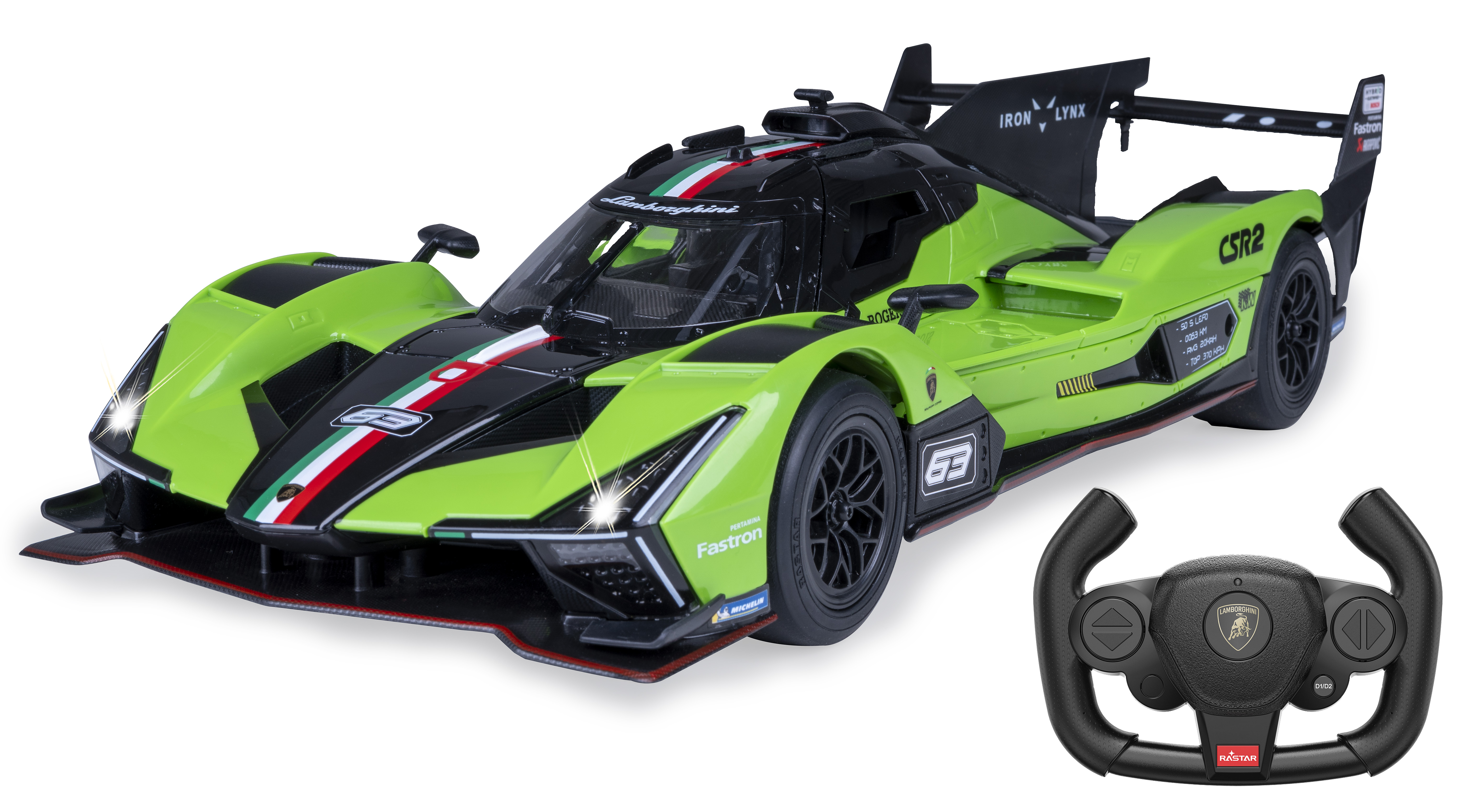 Grünes Lamborghini-Rennwagenmodell mit schwarzen Details, Scheinwerfer an, und Lenkrad.