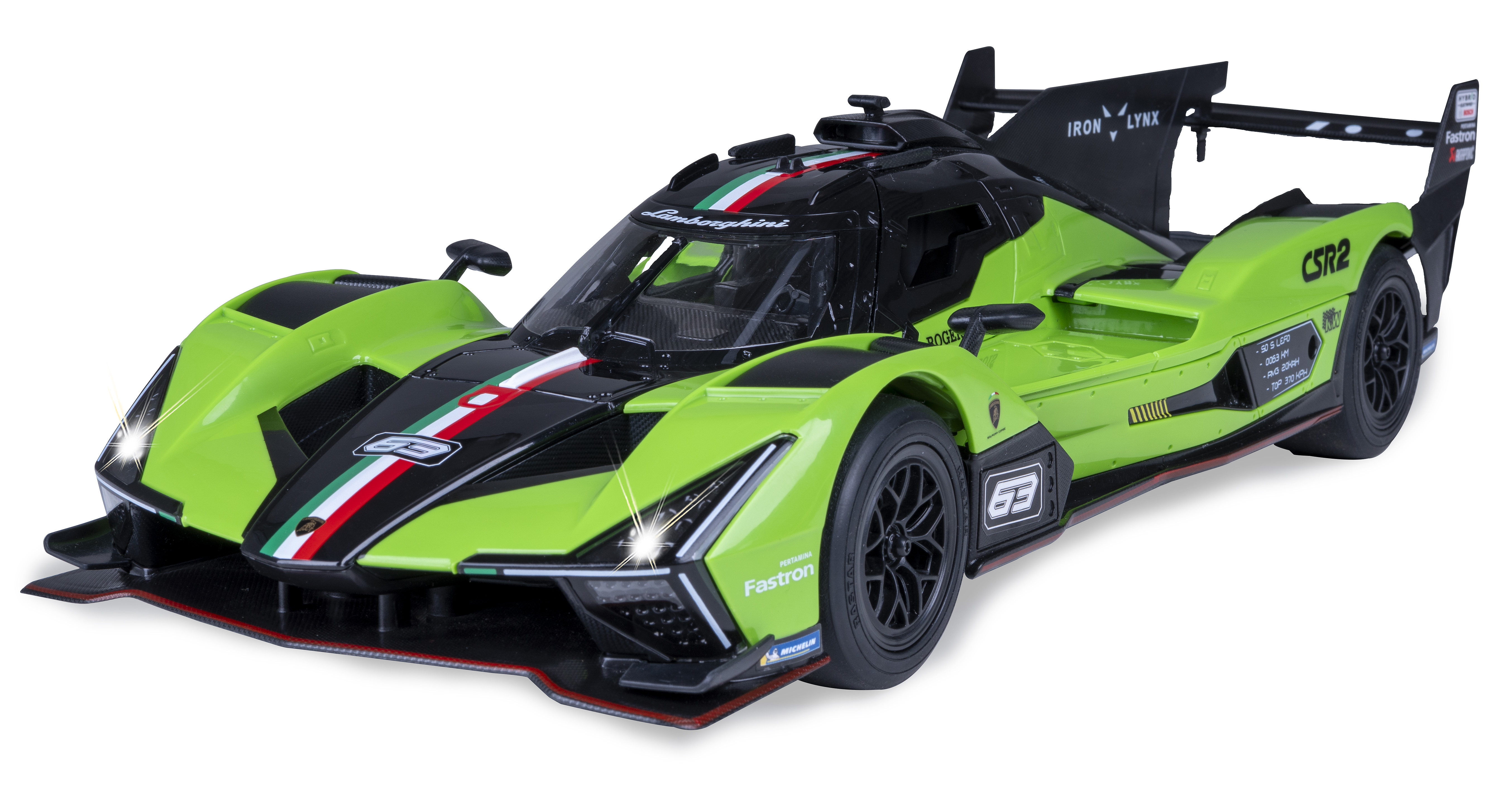 Grünes Lamborghini-Rennwagenmodell mit schwarzen Details, Scheinwerfer an, weißer Hintergrund.