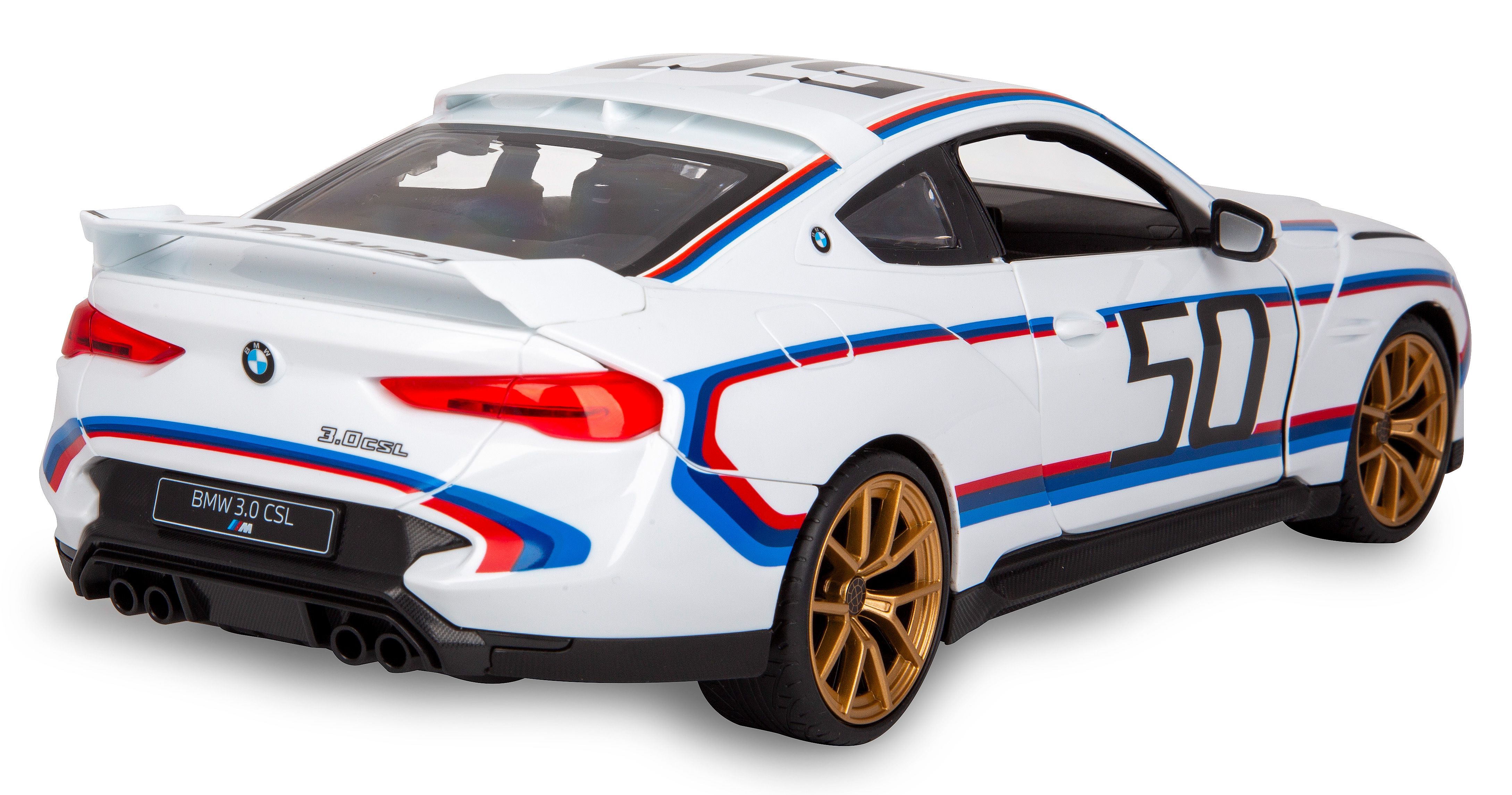 Weißes BMW 3.0 CSL Modellauto mit blauen, roten Streifen und goldenen Rädern. Die Zahl 50 steht seitlich.