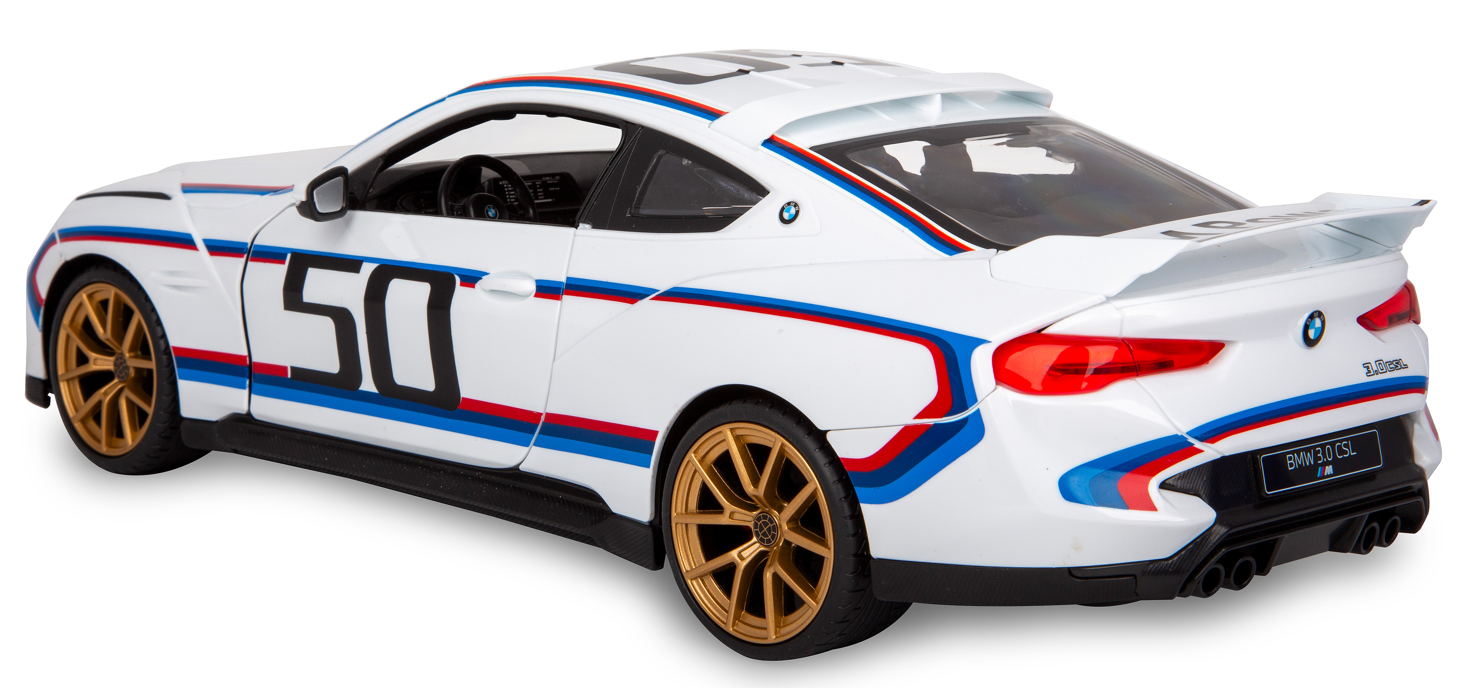 Weißes BMW 3.0 CSL Modellauto mit blauen, roten Streifen und goldenen Rädern. Die Zahl 50 ist an der Seite.