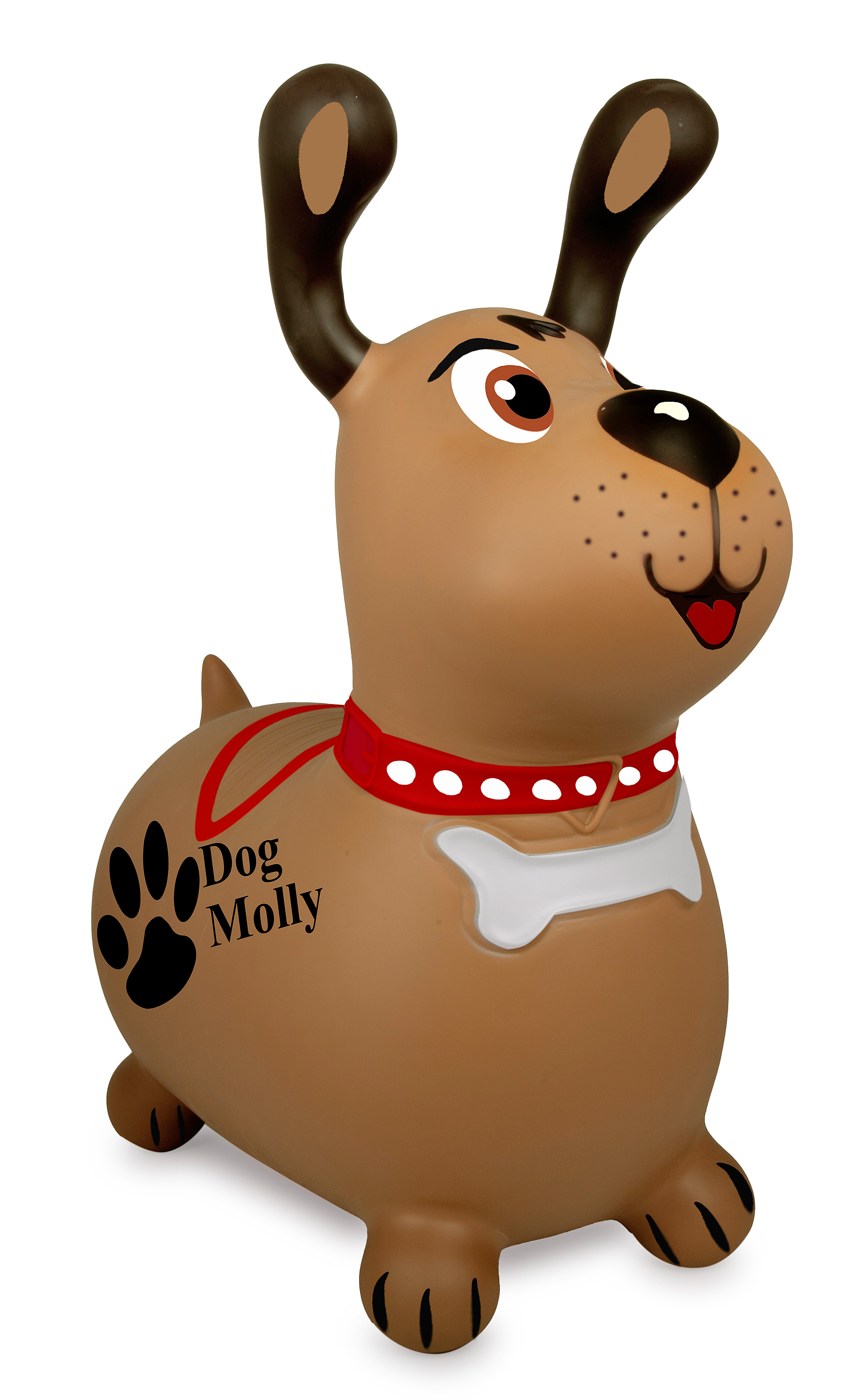 Braunes Hundespielzeug mit rotem Halsband, Knochen, Pfotenabdruck und "Dog Molly" Text. Schwarze Ohren und Augen.