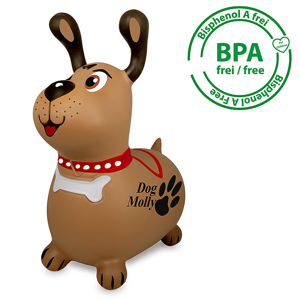 Braunes Hundespielzeug mit rotem Halsband, Knochen, Pfotenabdruck und "Dog Molly"-Text. Ein BPA-freies Etikett ist sichtbar.