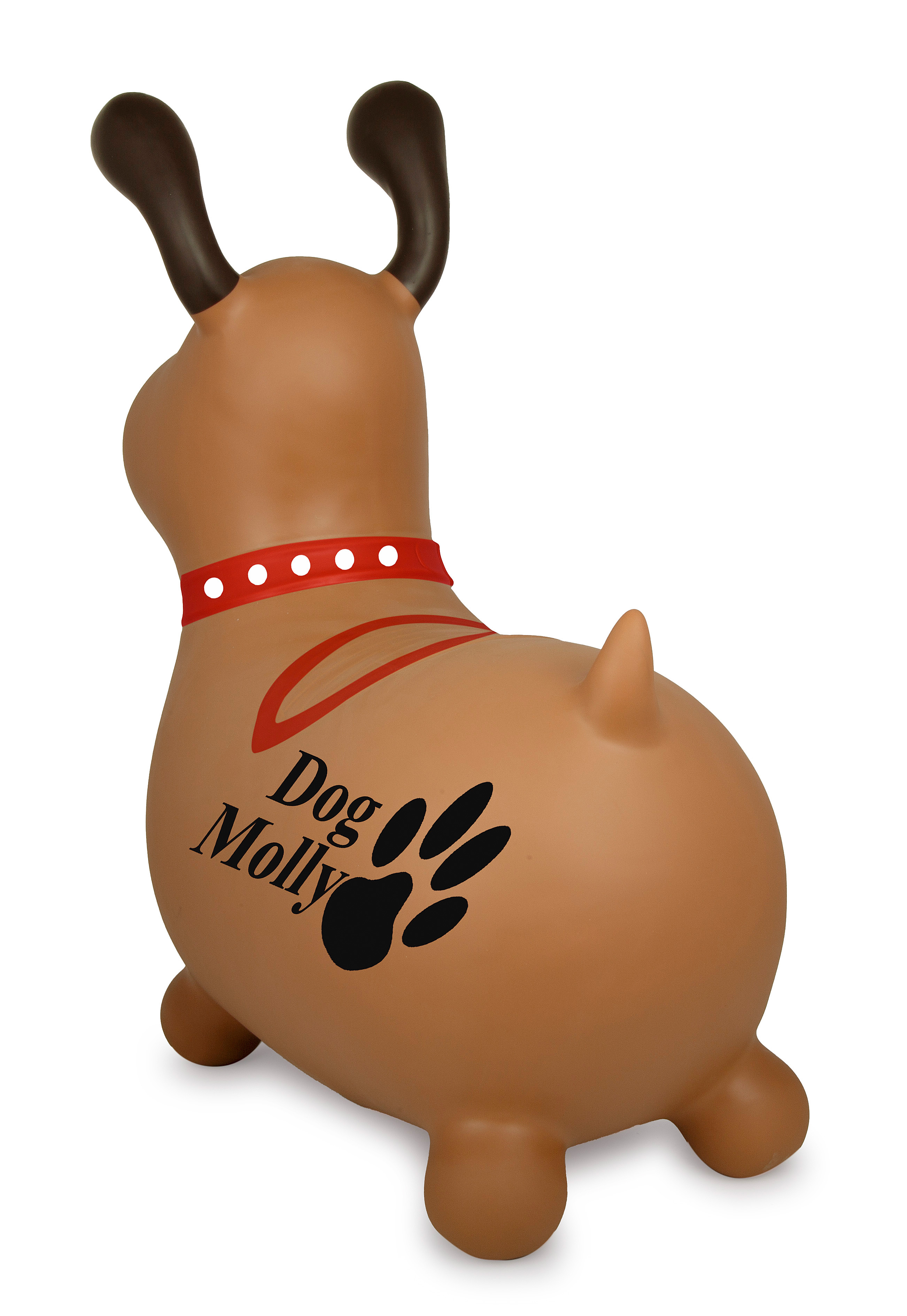 Braunes Hundespielzeug mit rotem Halsband, Knochen, Pfotenabdruck und "Dog Molly"-Text. Der Schwanz des Hundes ist sichtbar.