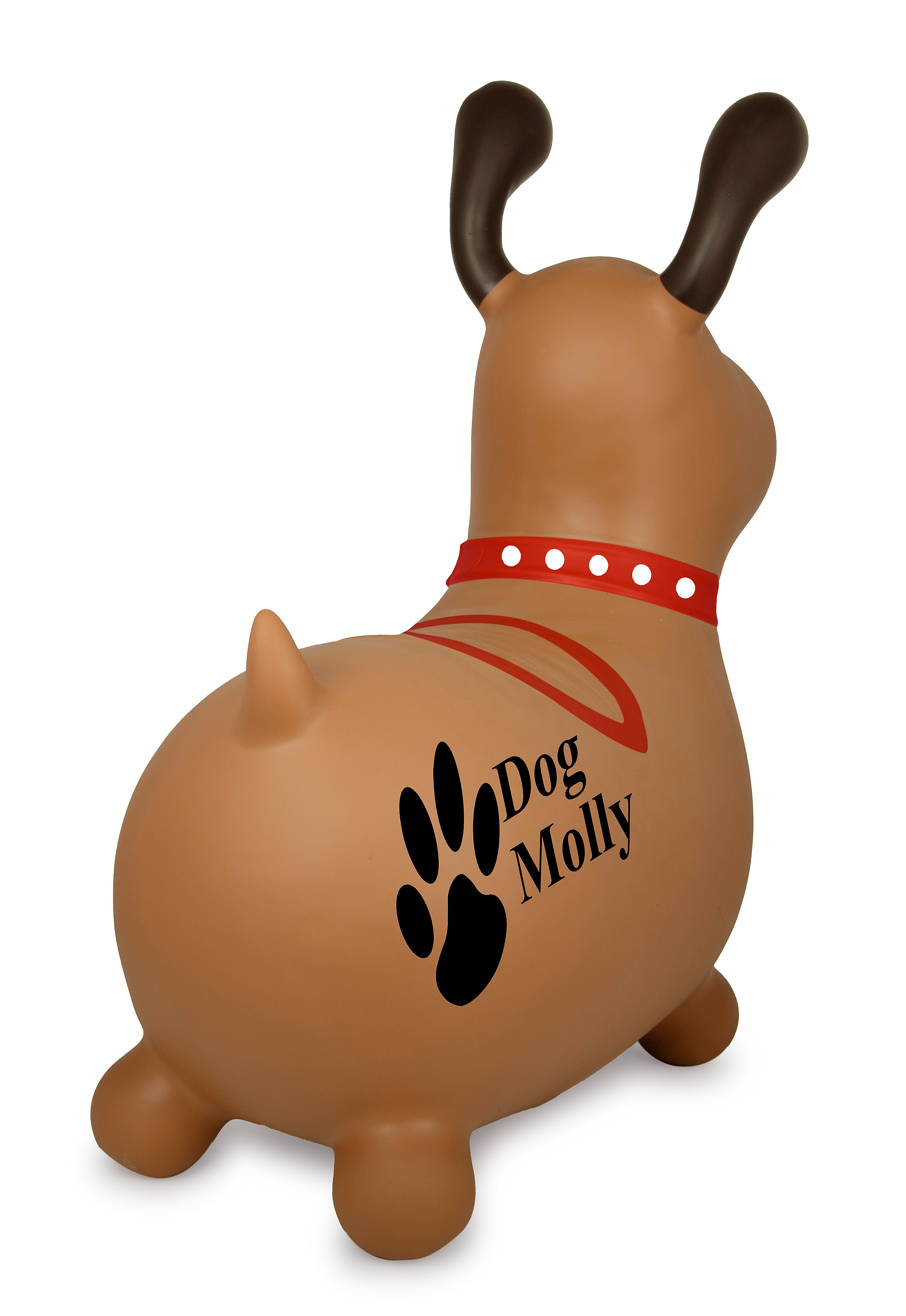 Braunes Hundespielzeug mit rotem Halsband, Knochen, Pfotenabdruck und "Dog Molly"-Text. Der Hund schaut weg.