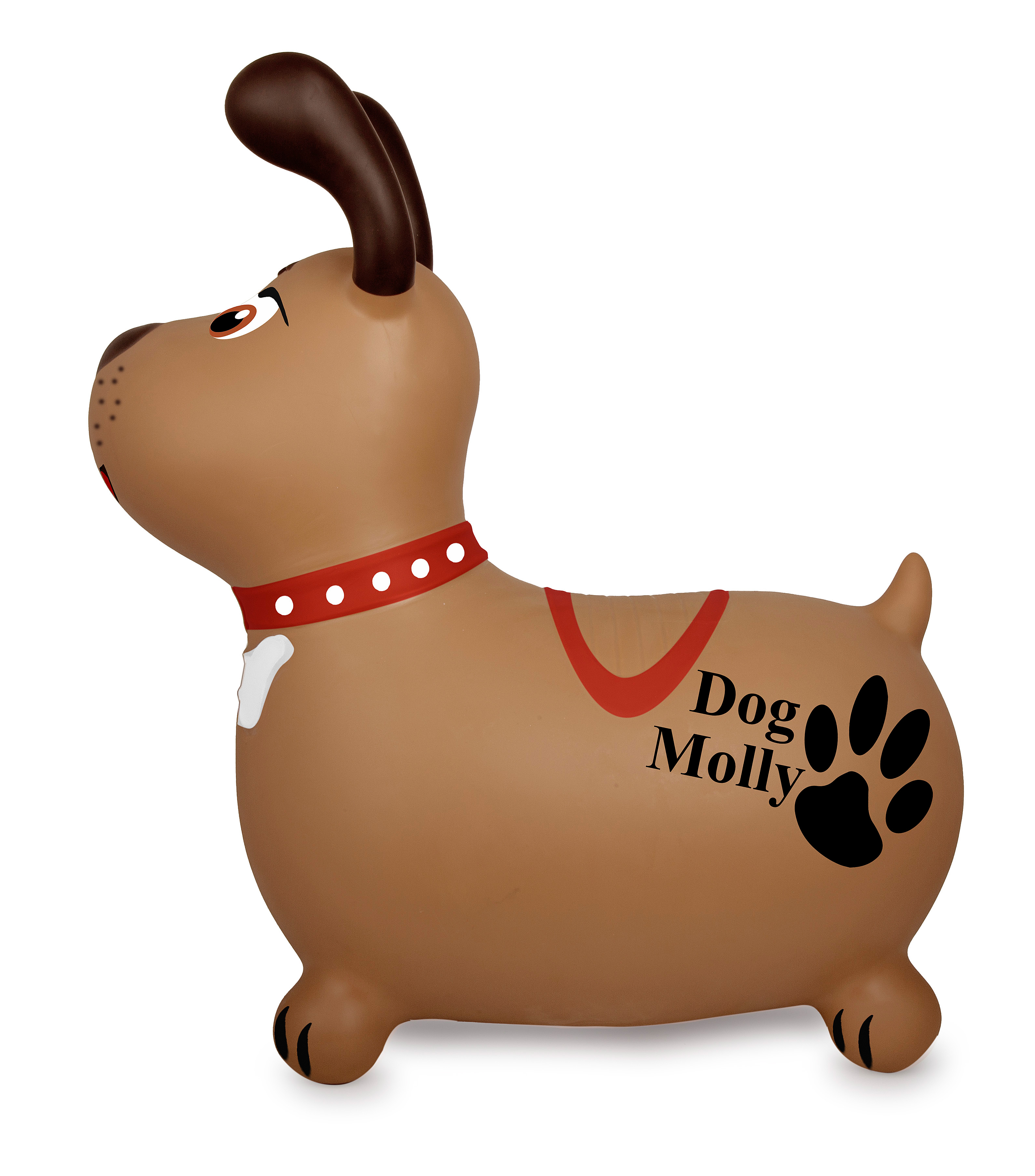 Braunes Hundespielzeug mit rotem Halsband, Knochen, Pfotenabdruck und "Dog Molly"-Text. Der Hund schaut nach links.