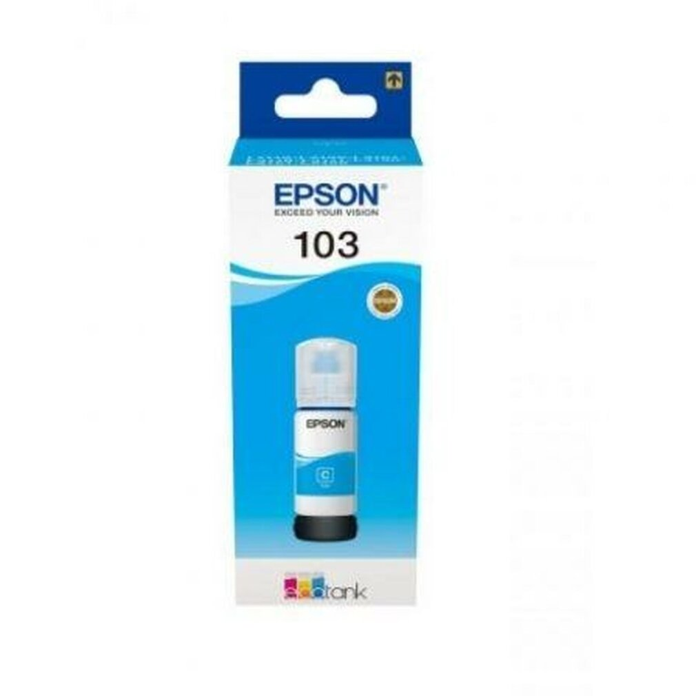 Cartuccia di inchiostro Epson 103 in una scatola bianca e blu. La cartuccia è in un contenitore trasparente.