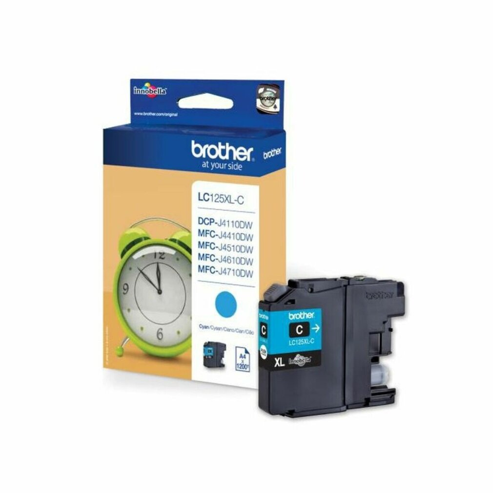Brother LC125XL-C ink cartridge in a box. The box has a clock image and lists compatible models.