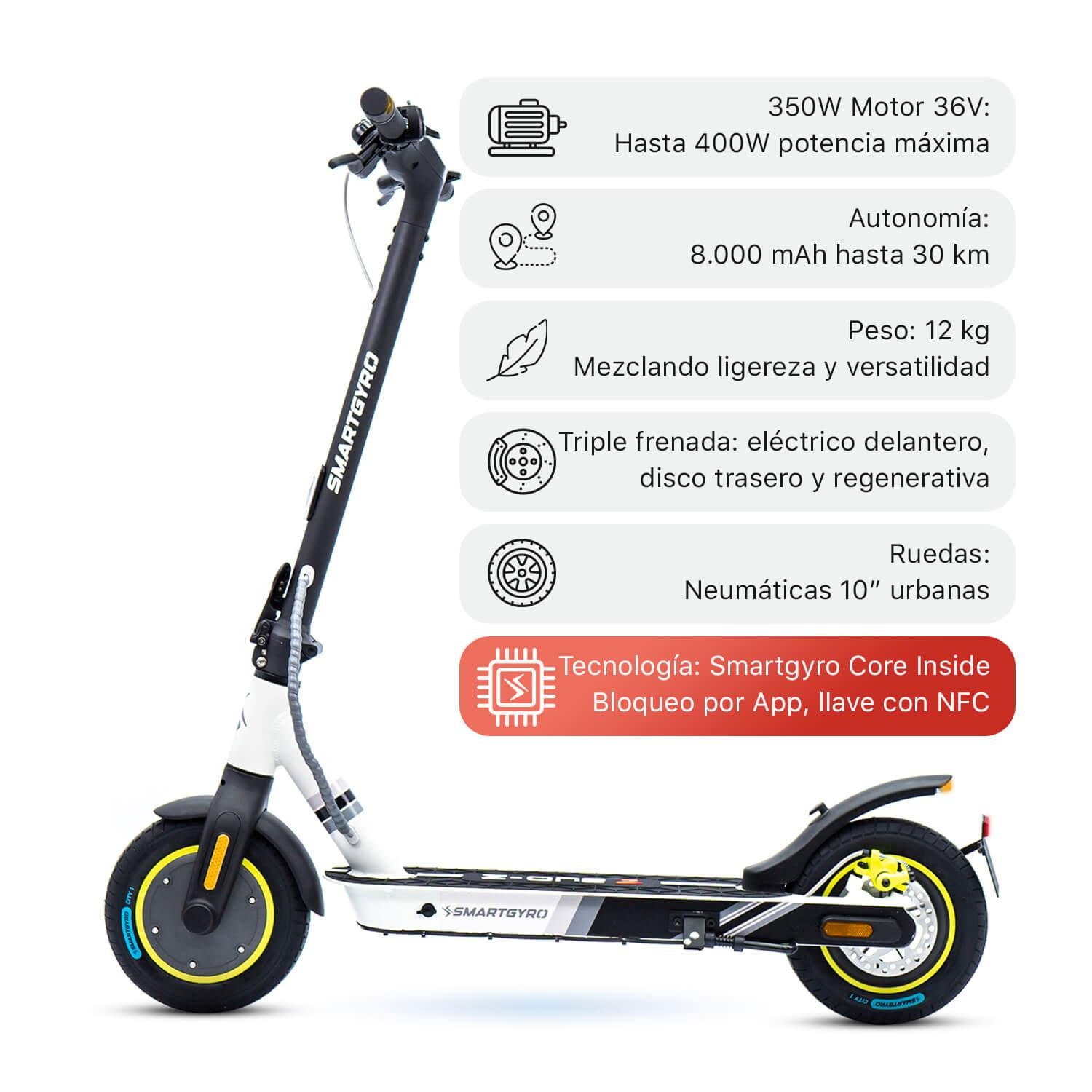 Patinete eléctrico SmartGyro con especificaciones. Muestra características como potencia del motor, autonomía, peso, etc.