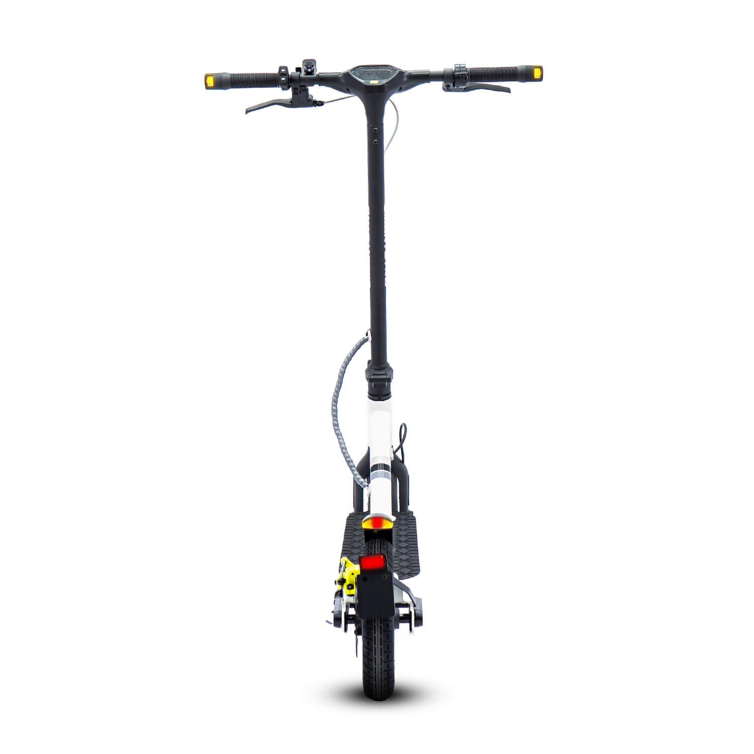 Scooter eléctrico visto desde atrás, mostrando luz trasera y manillar, sobre fondo blanco.