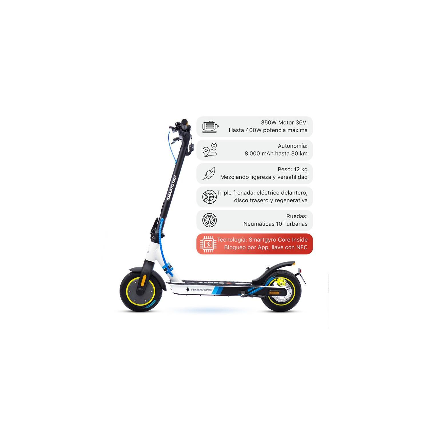 Un patinete eléctrico blanco y negro con detalles en azul, especificaciones en el fondo. El patinete está de perfil.