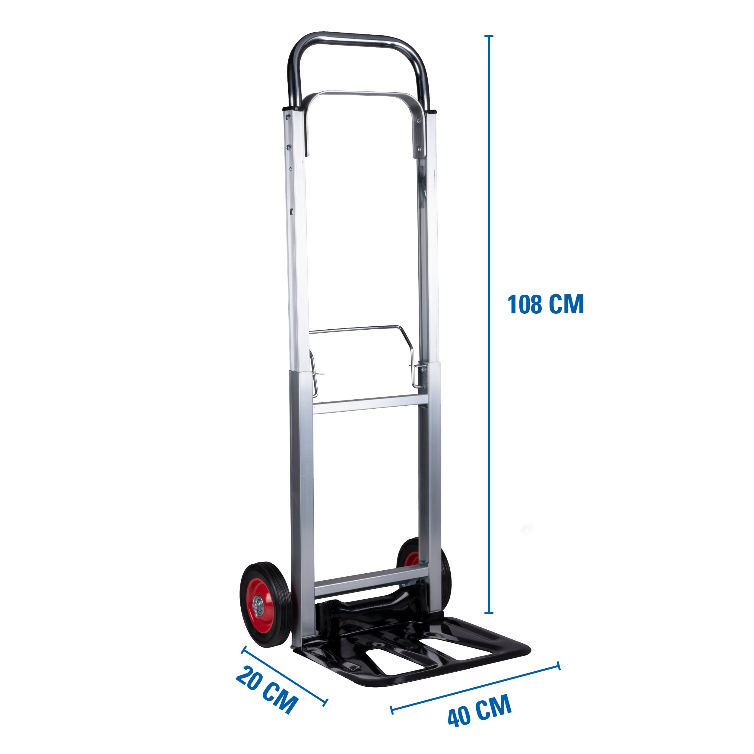 A hand truck. It is silver with red wheels. The dimensions are listed on the side. 